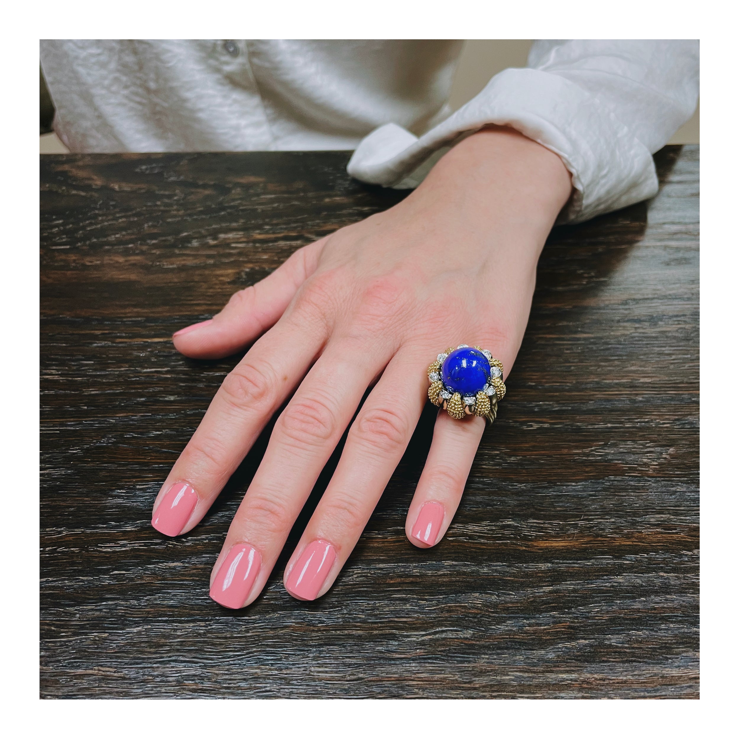 Lapis Lazuli and Diamond 18K Yellow Gold Cocktail Ring, circa 1960s