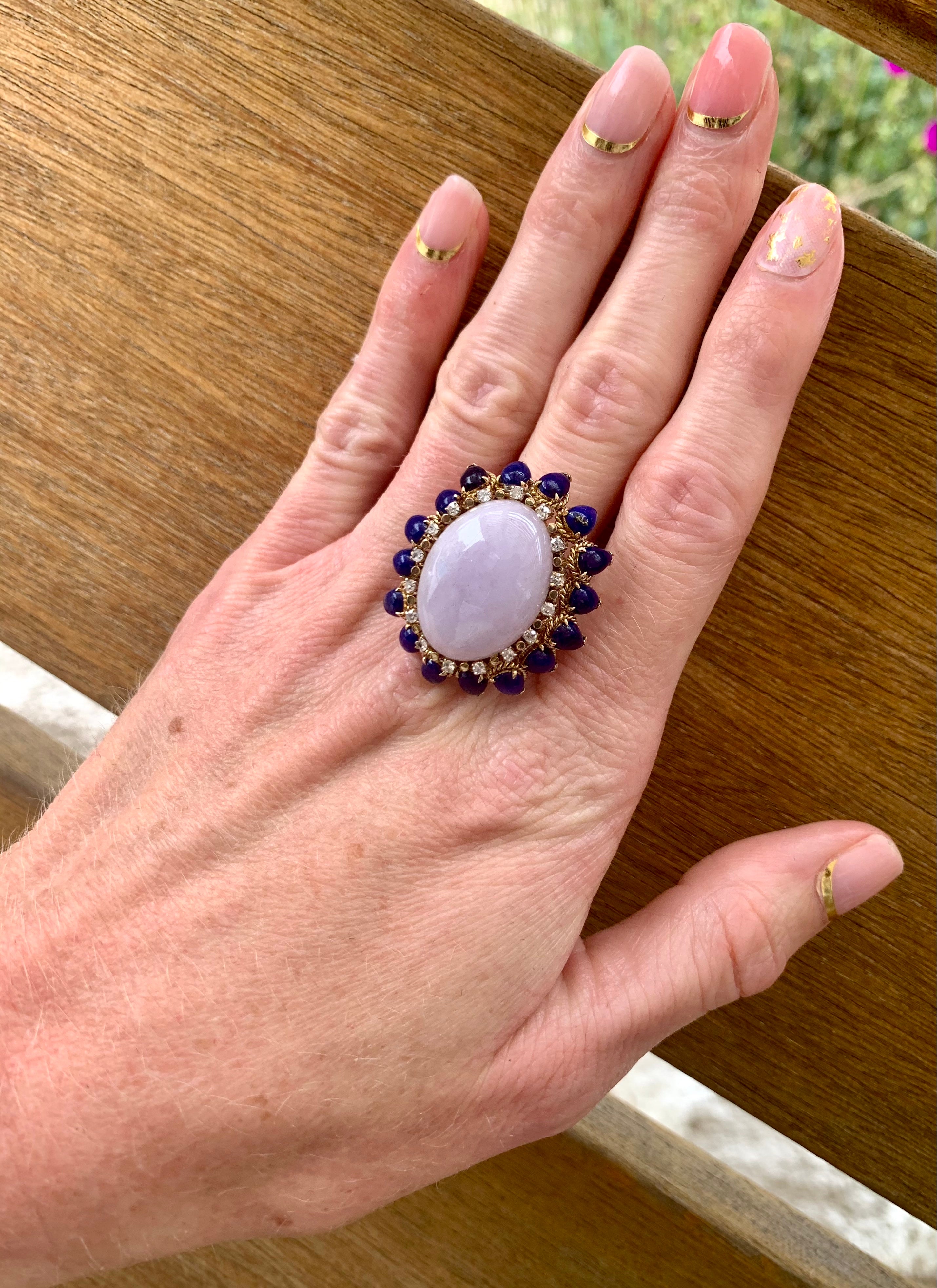 Lavender Jade, Lapis Lazuli and Diamond Yellow Gold Cocktail Ring, circa 1960s