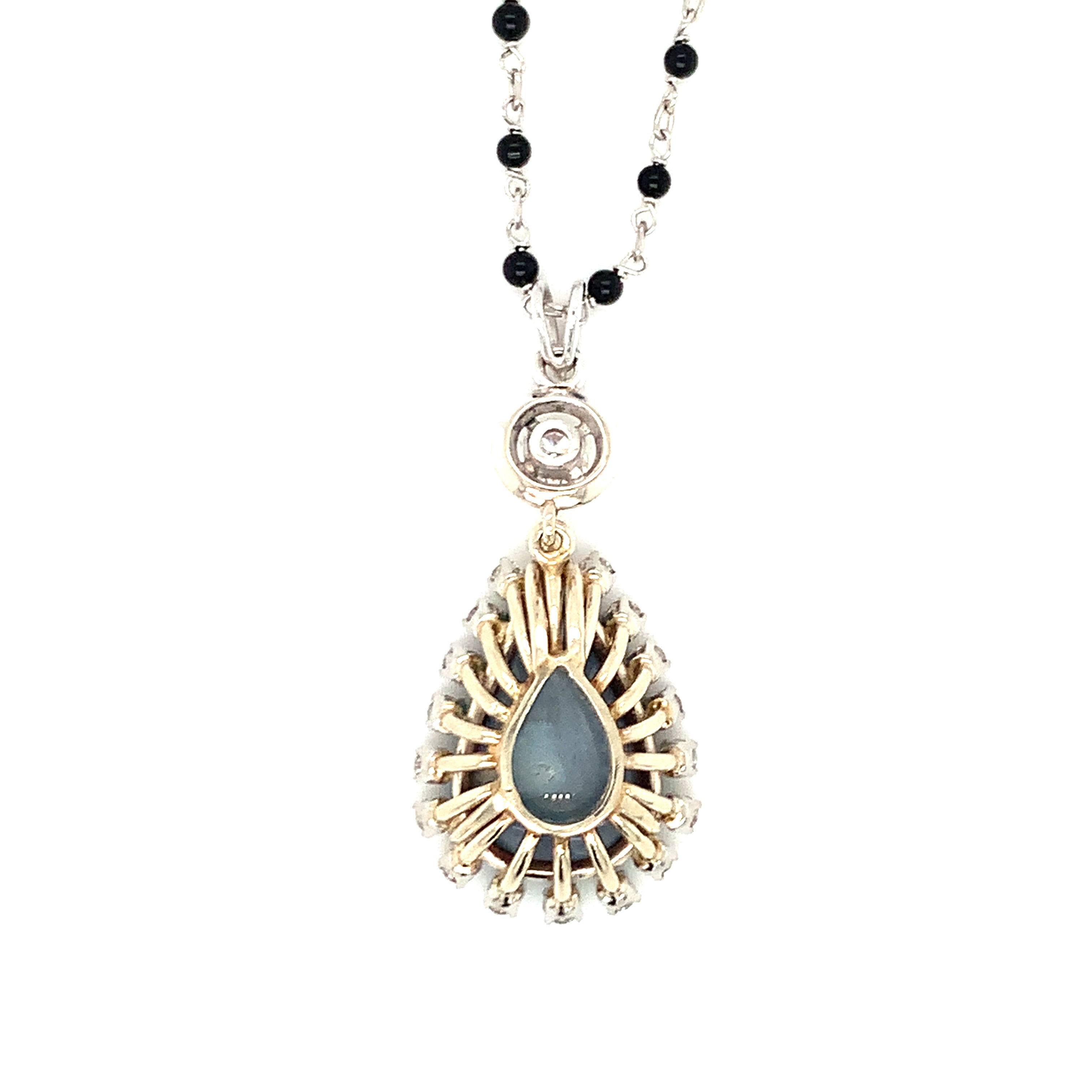 Mid-Century Black Opal and Diamond 18K White Gold Pendant