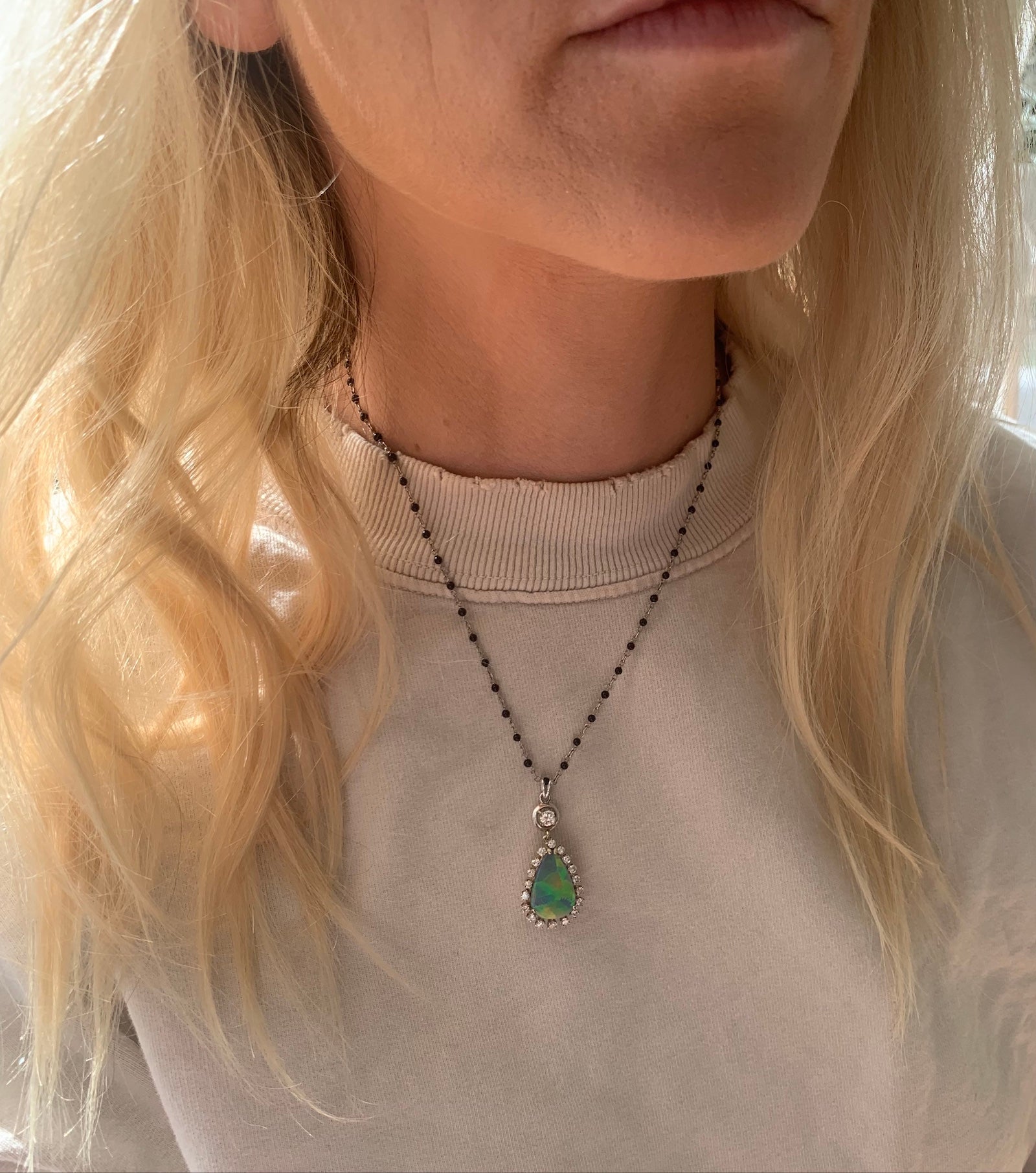 Mid-Century Black Opal and Diamond 18K White Gold Pendant