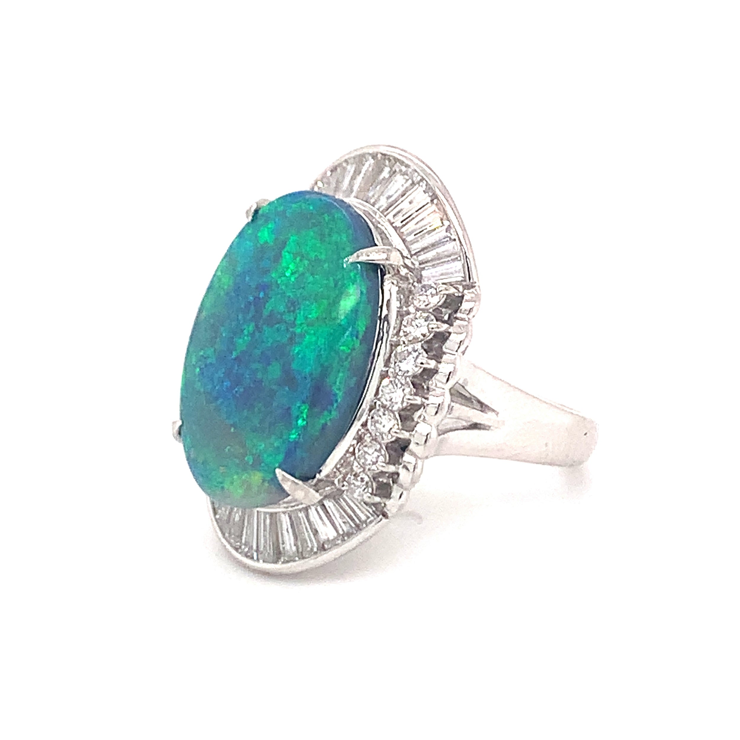 Mid-Century Black Opal and Diamond Ring in Platinum, circa 1950s
