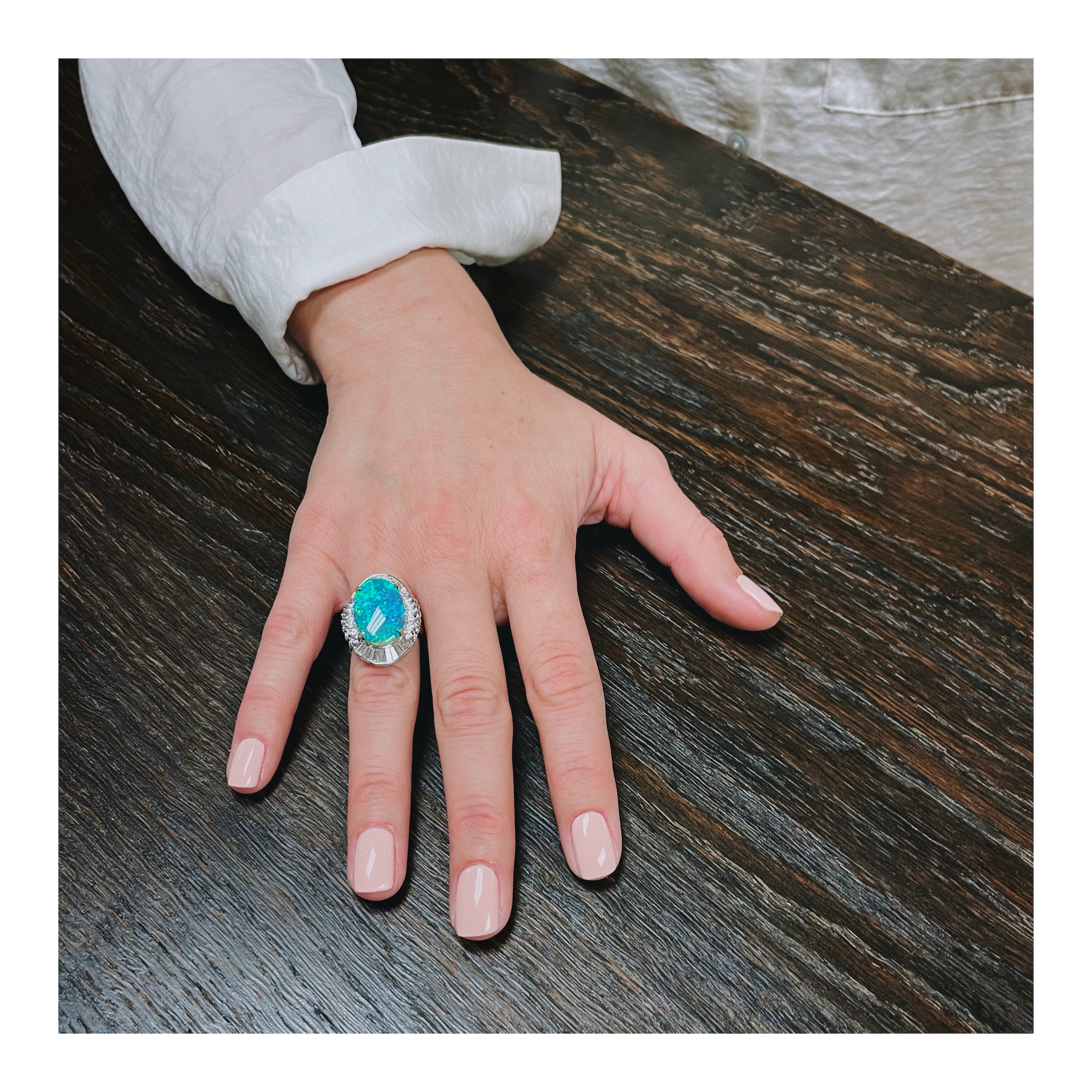 Mid-Century Black Opal and Diamond Ring in Platinum, circa 1950s