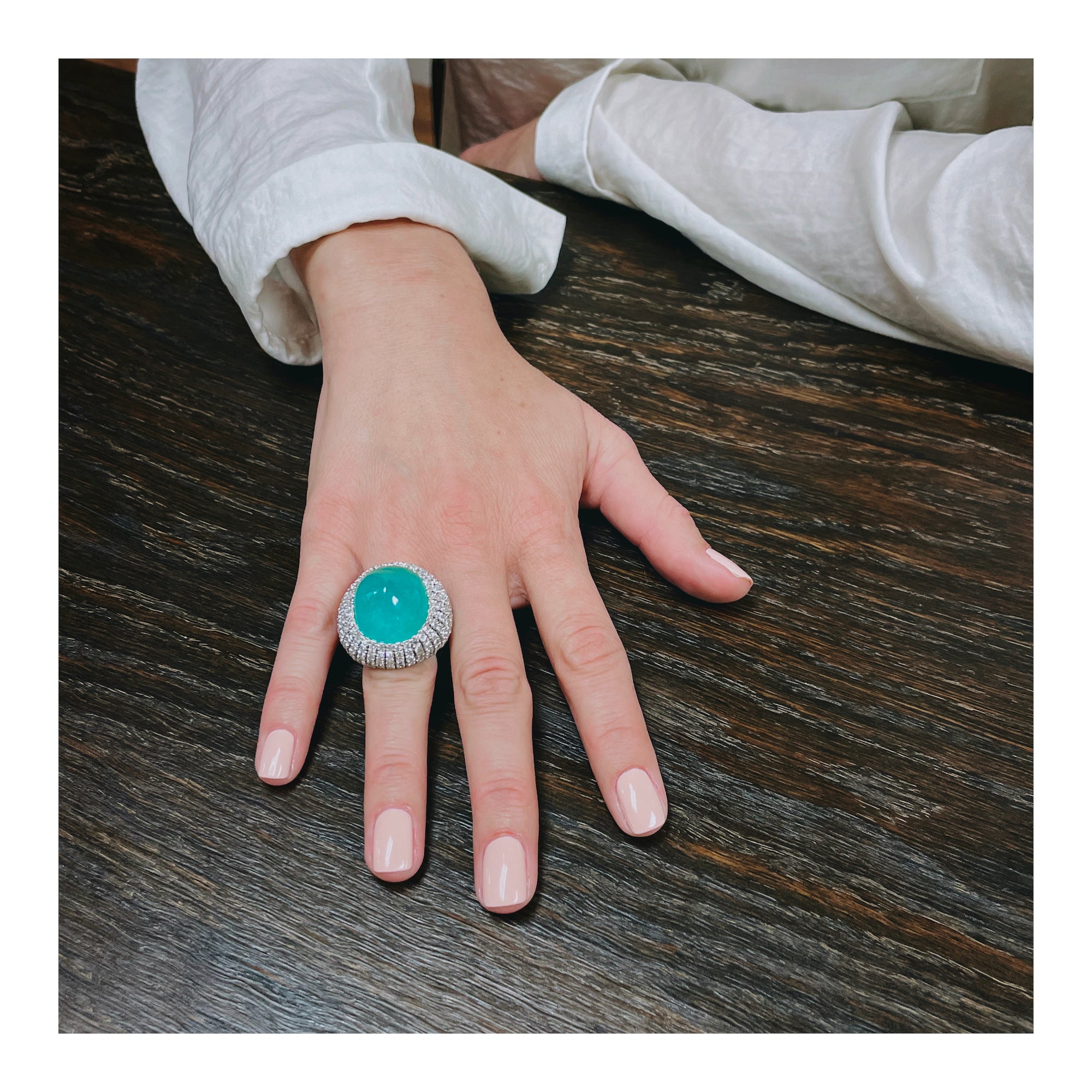 Mid-Century Emerald and Diamond 14K White Gold Ring