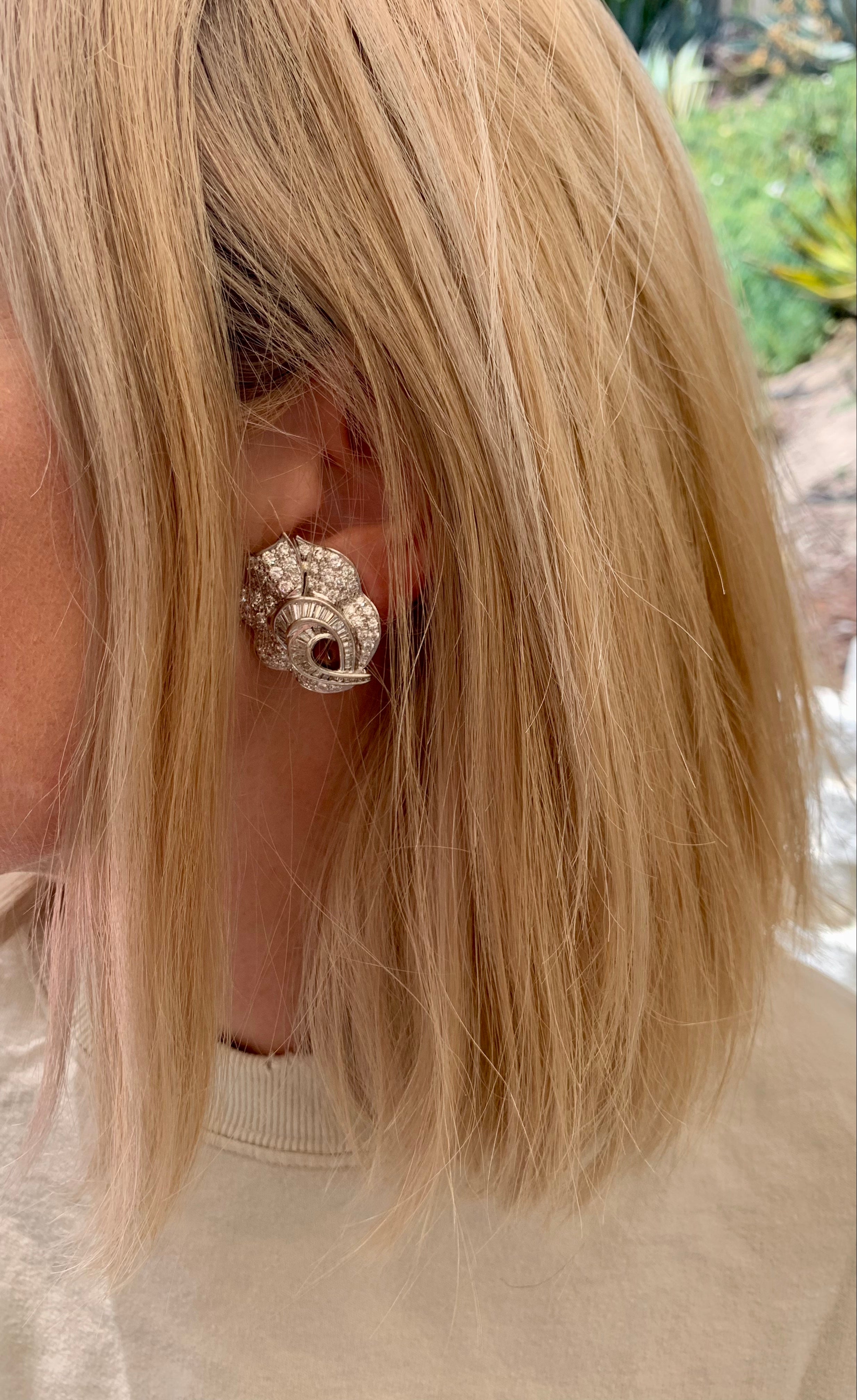 Mid-Century Pave Diamond 18k White Gold Earrings, circa 1950s