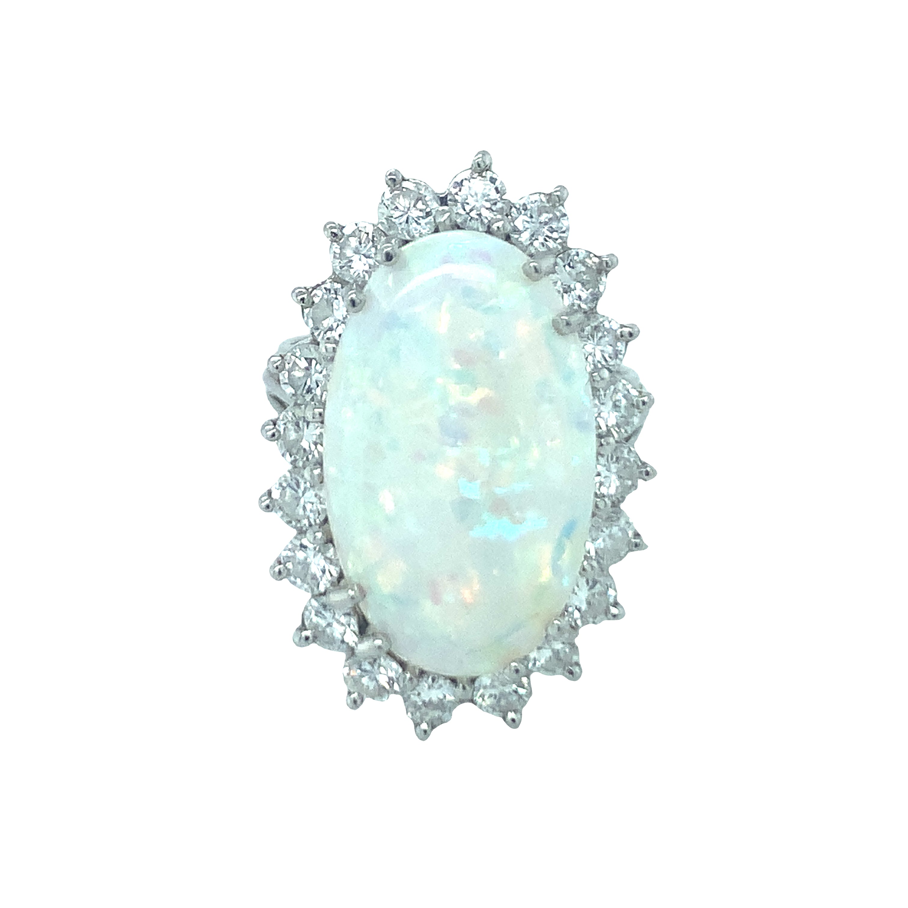 Mid-Century White Opal and Diamond Platinum Ring