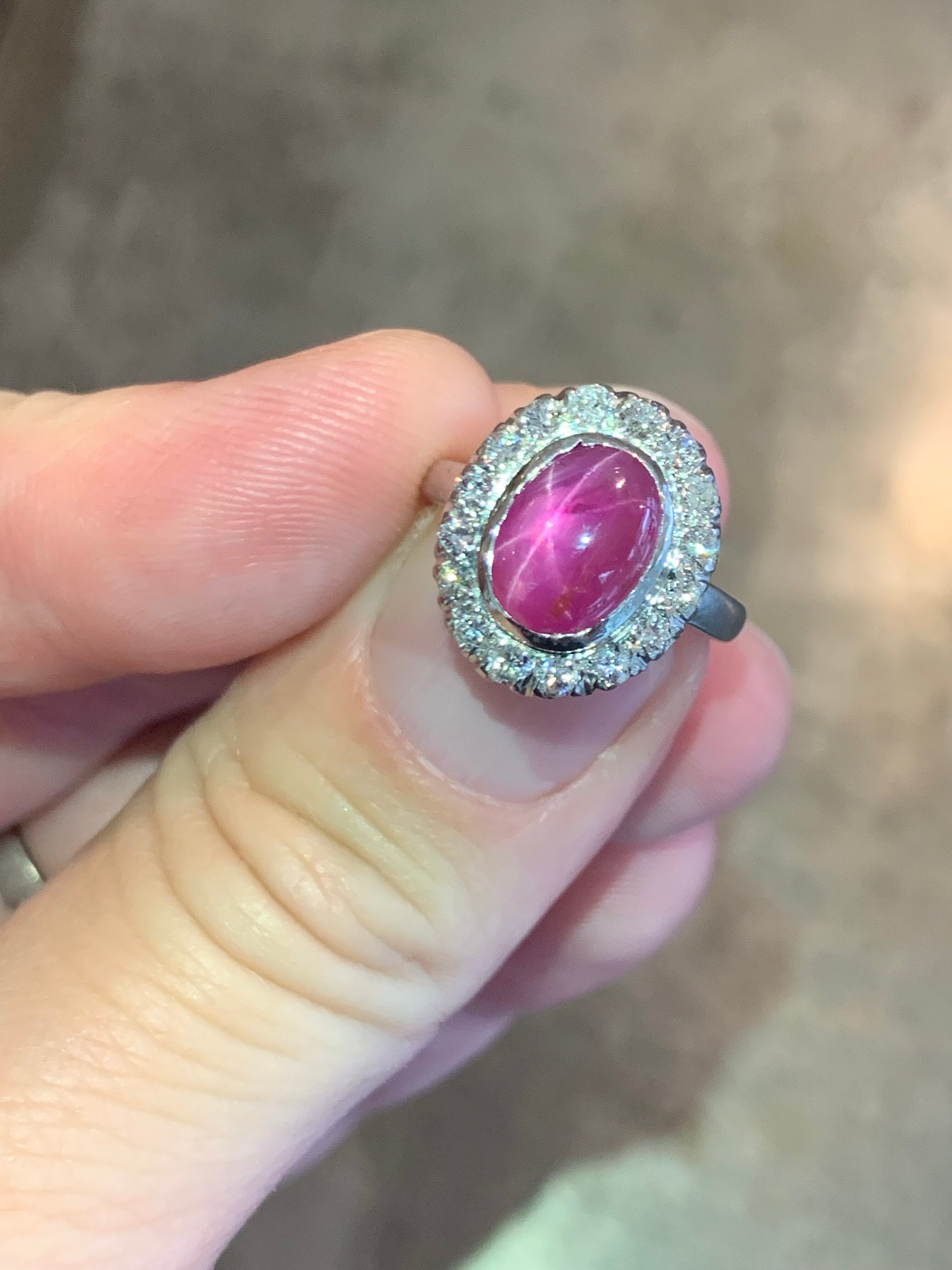 Mid-century Star Ruby and Diamond Palladium Ring, circa 1950s