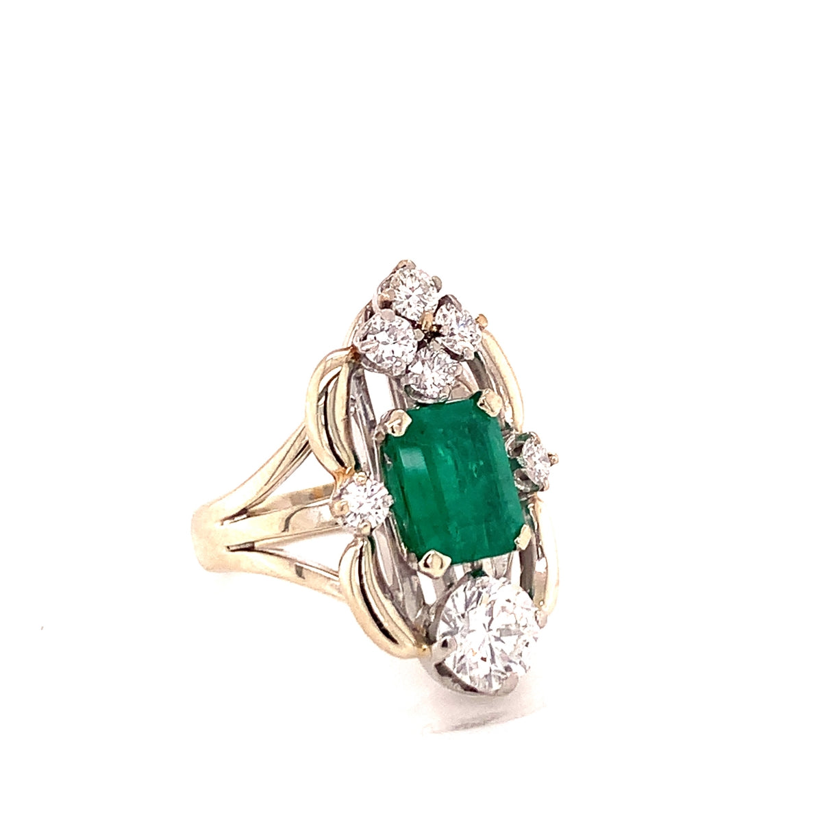 Midcentury Emerald and Diamond 14k White Gold Ring, circa 1950s