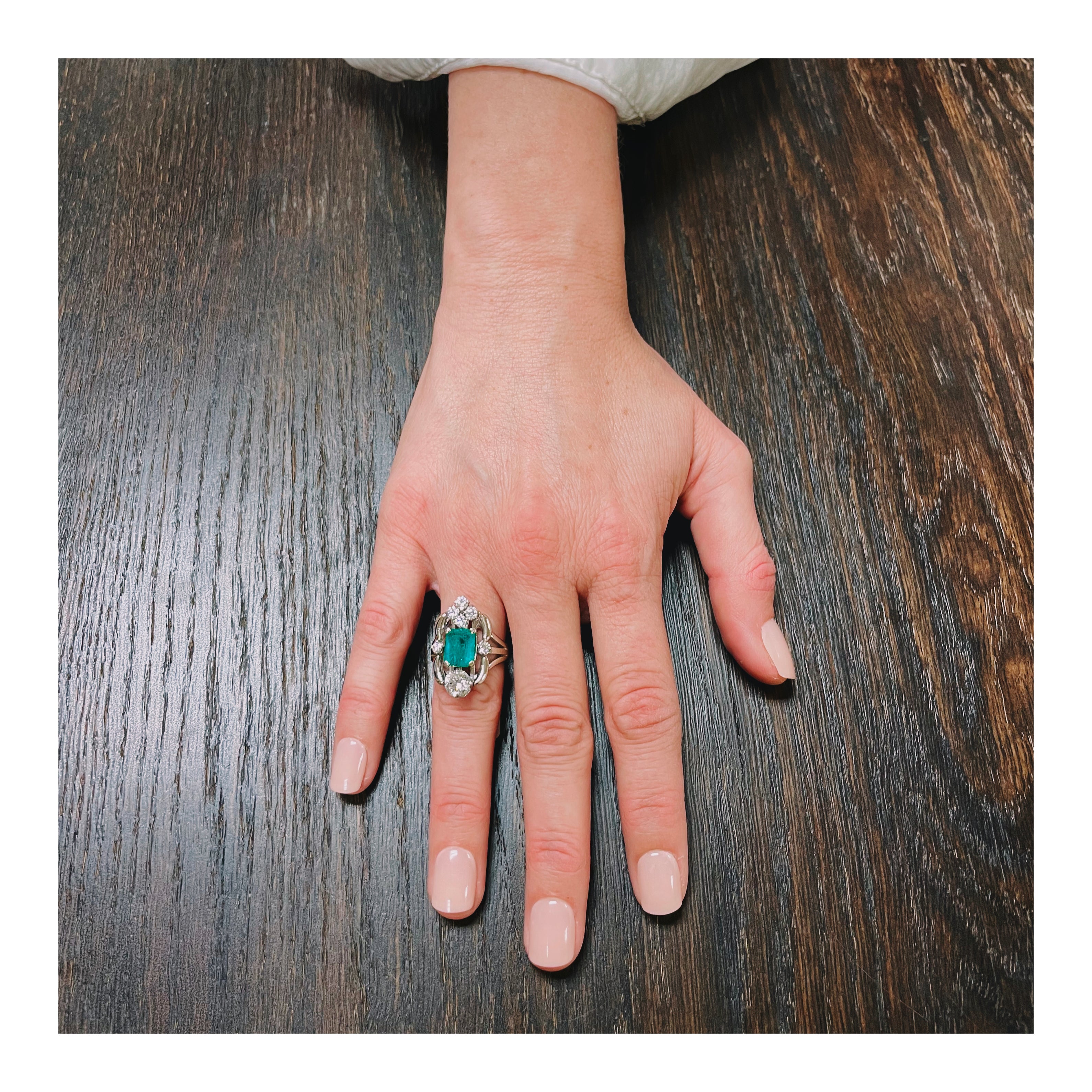 Midcentury Emerald and Diamond 14k White Gold Ring, circa 1950s