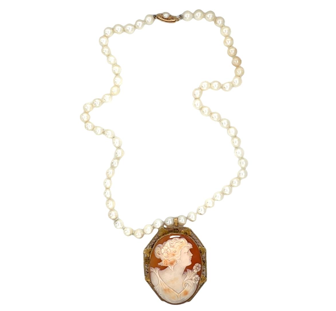 Victorian Shell Cameo and Cultured Pearl Necklace