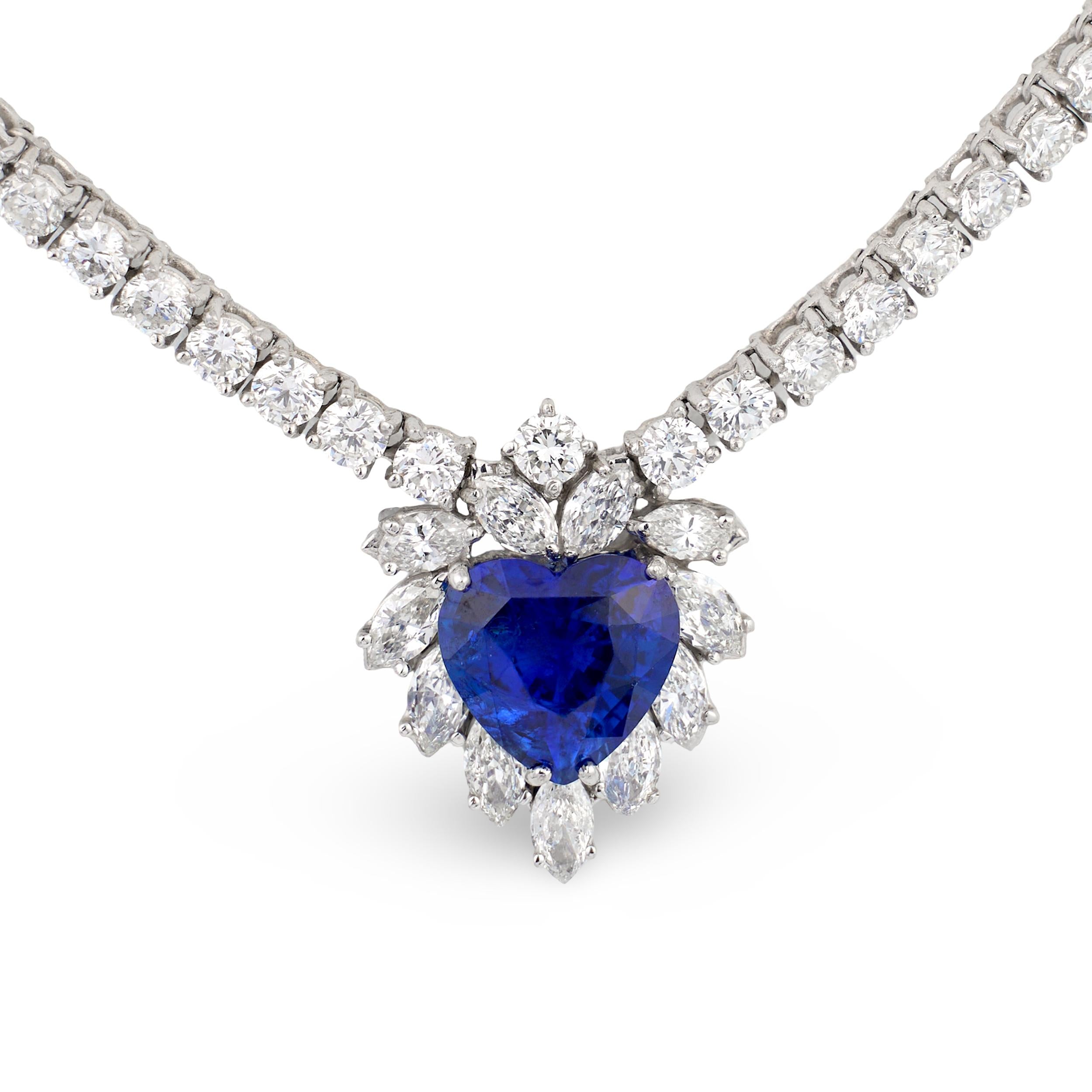 18K WHITE GOLD HEART-SHAPED SAPPHIRE AND DIAMOND NECKLACE