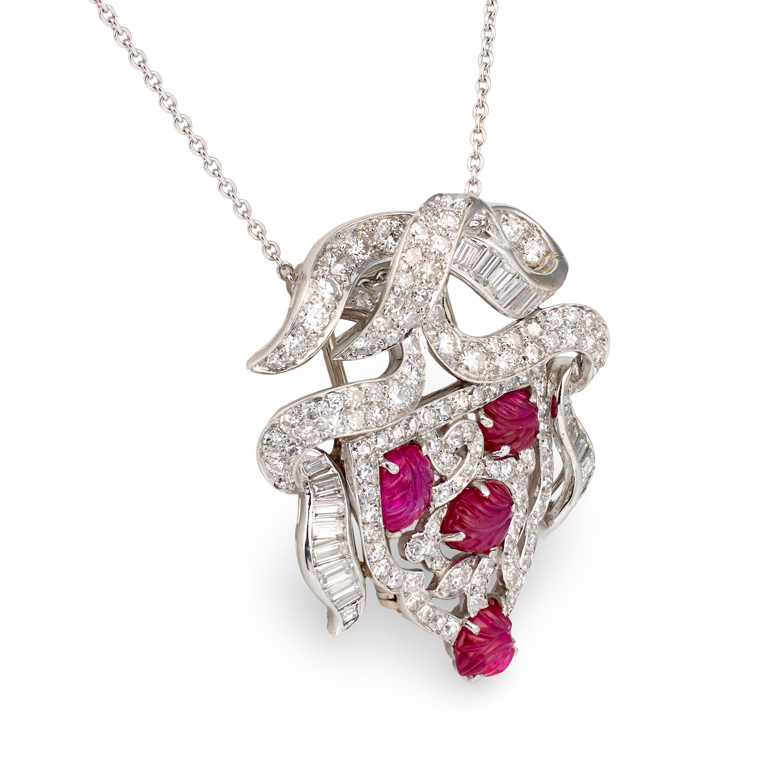 Art Deco Carved Ruby and Diamond Platinum Pendant