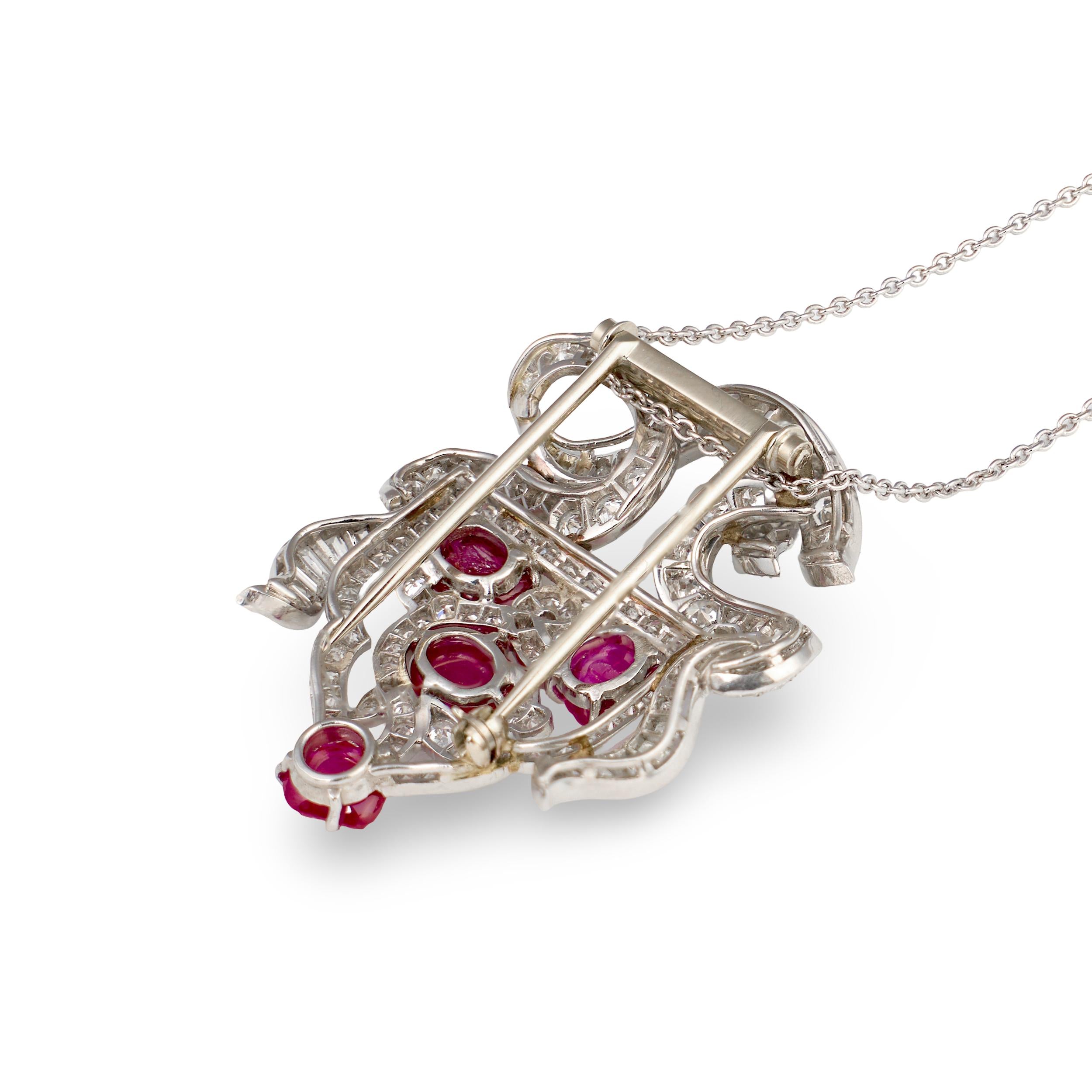 Art Deco Carved Ruby and Diamond Platinum Pendant
