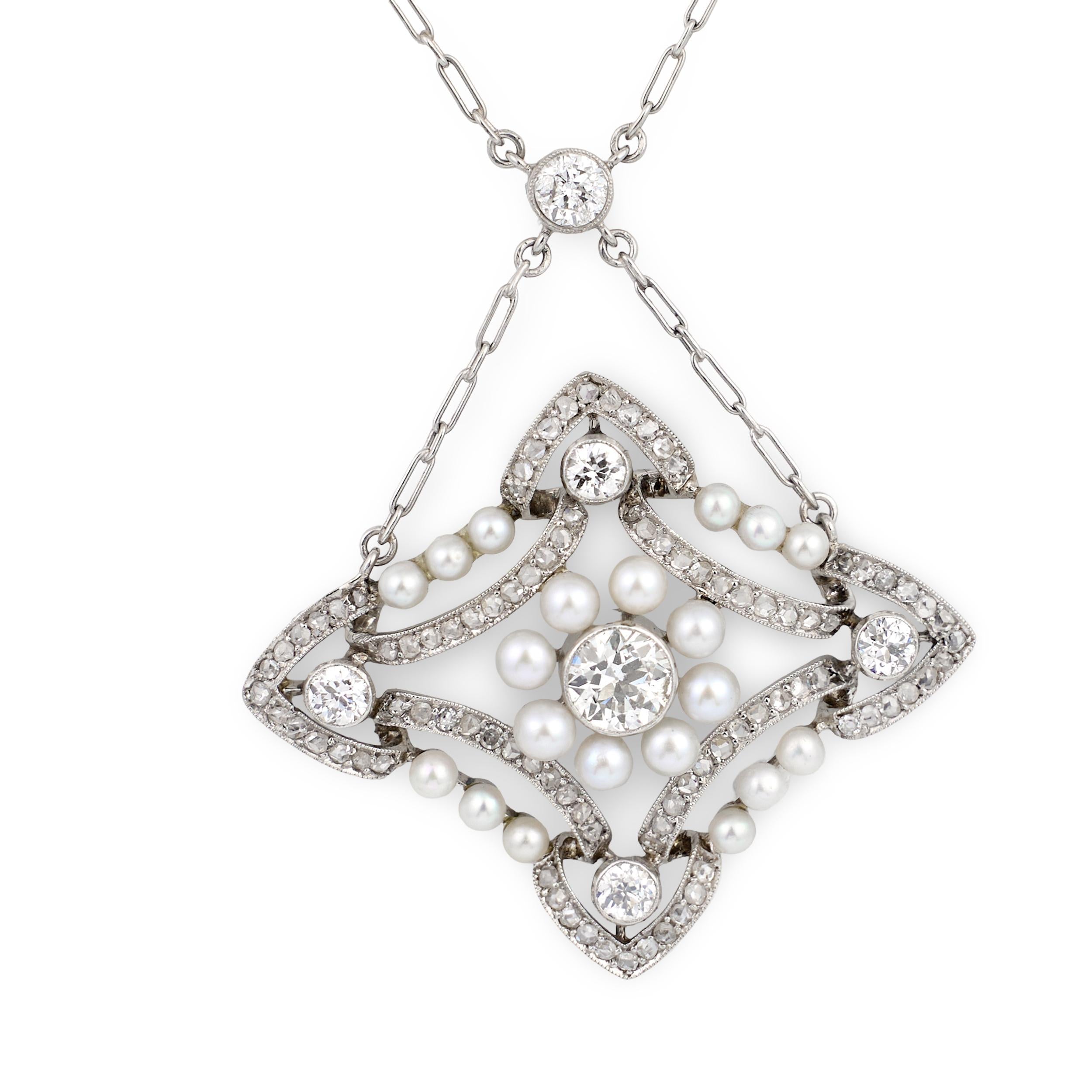 Art Deco Diamond and Pearl Platinum Pendant