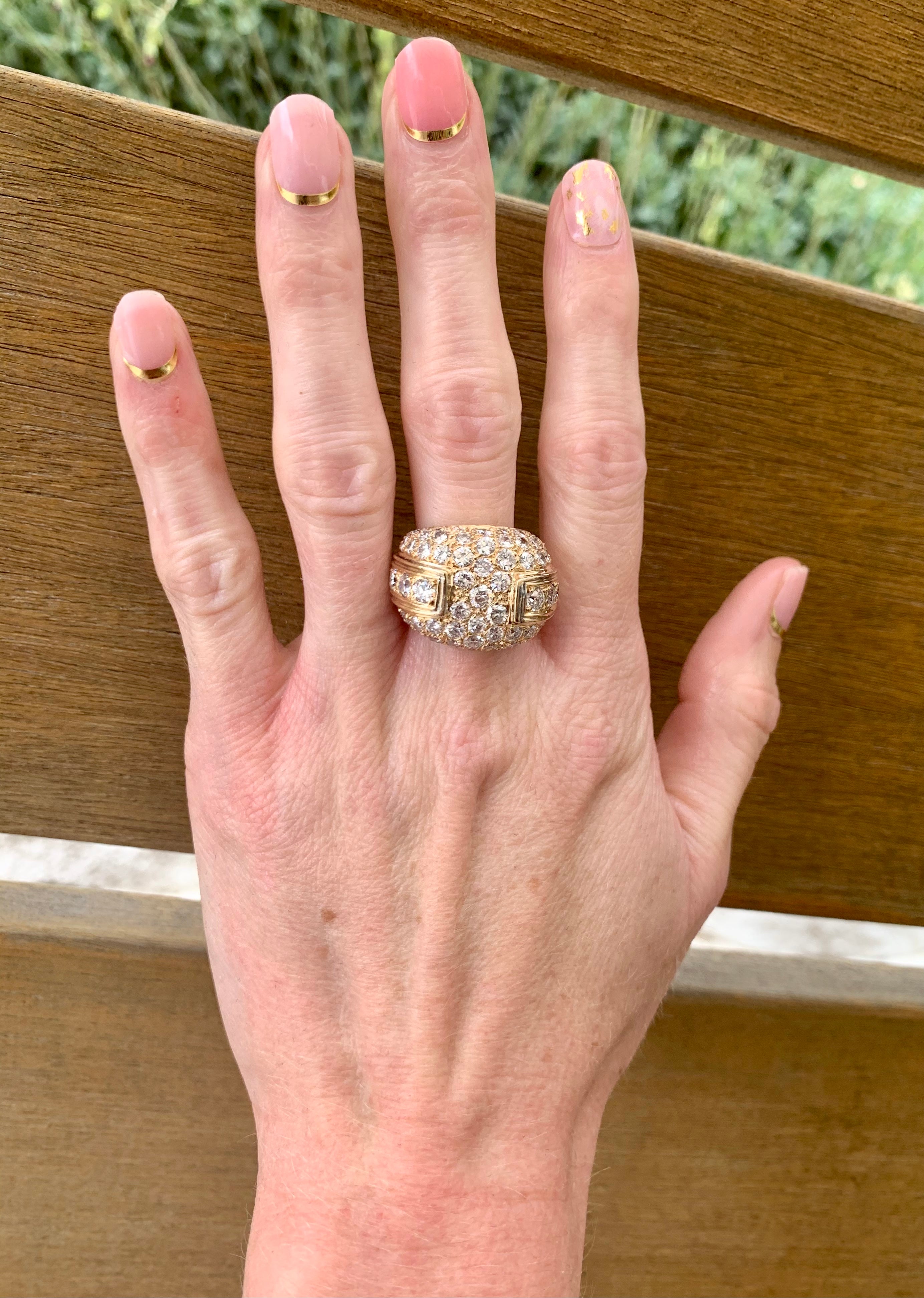 Pave Diamond Bombe 14K Yellow Gold Ring, circa 1970s