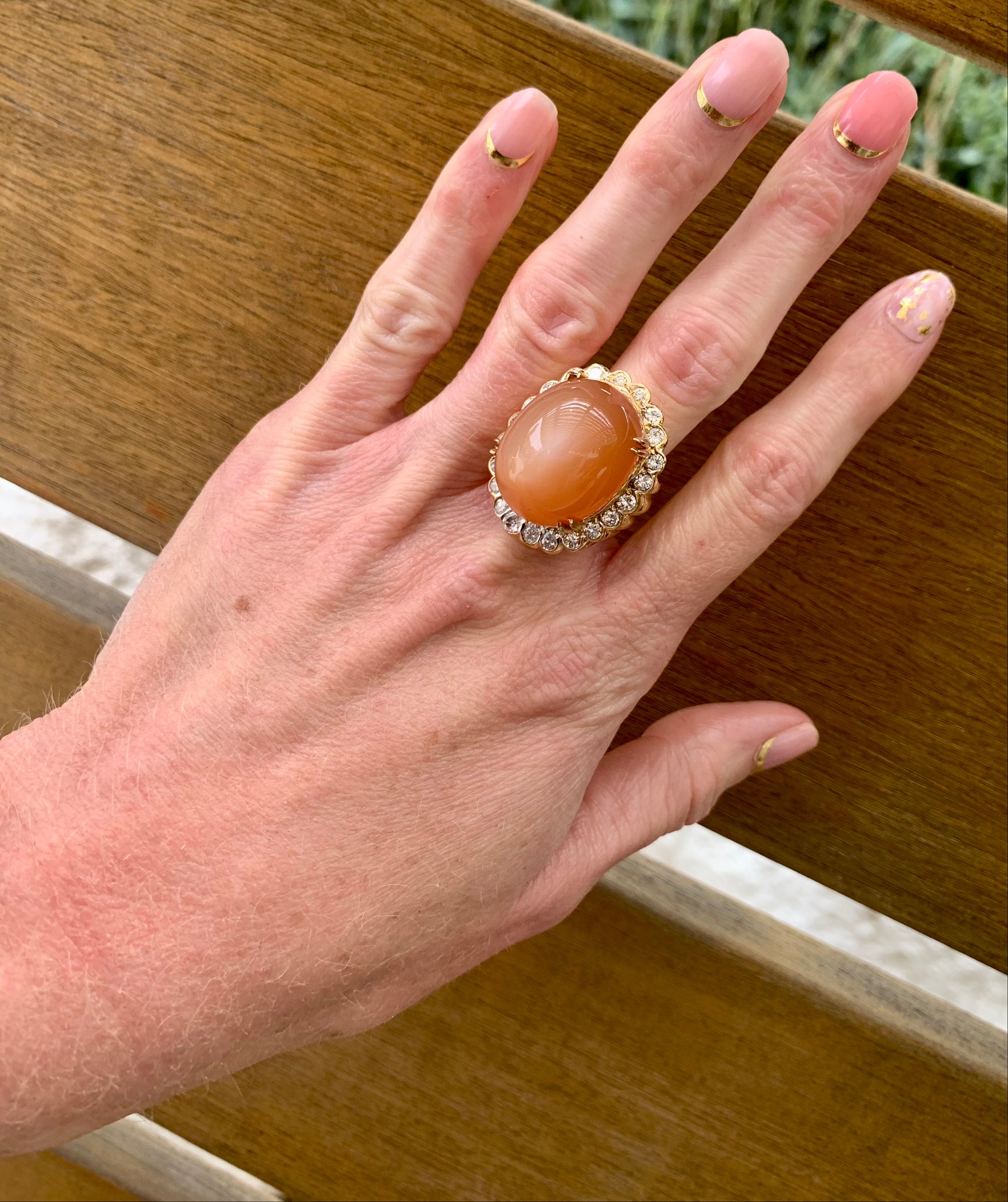 Peach Moonstone and Diamond Dome 18K Yellow Gold Cocktail Ring, circa 1970s