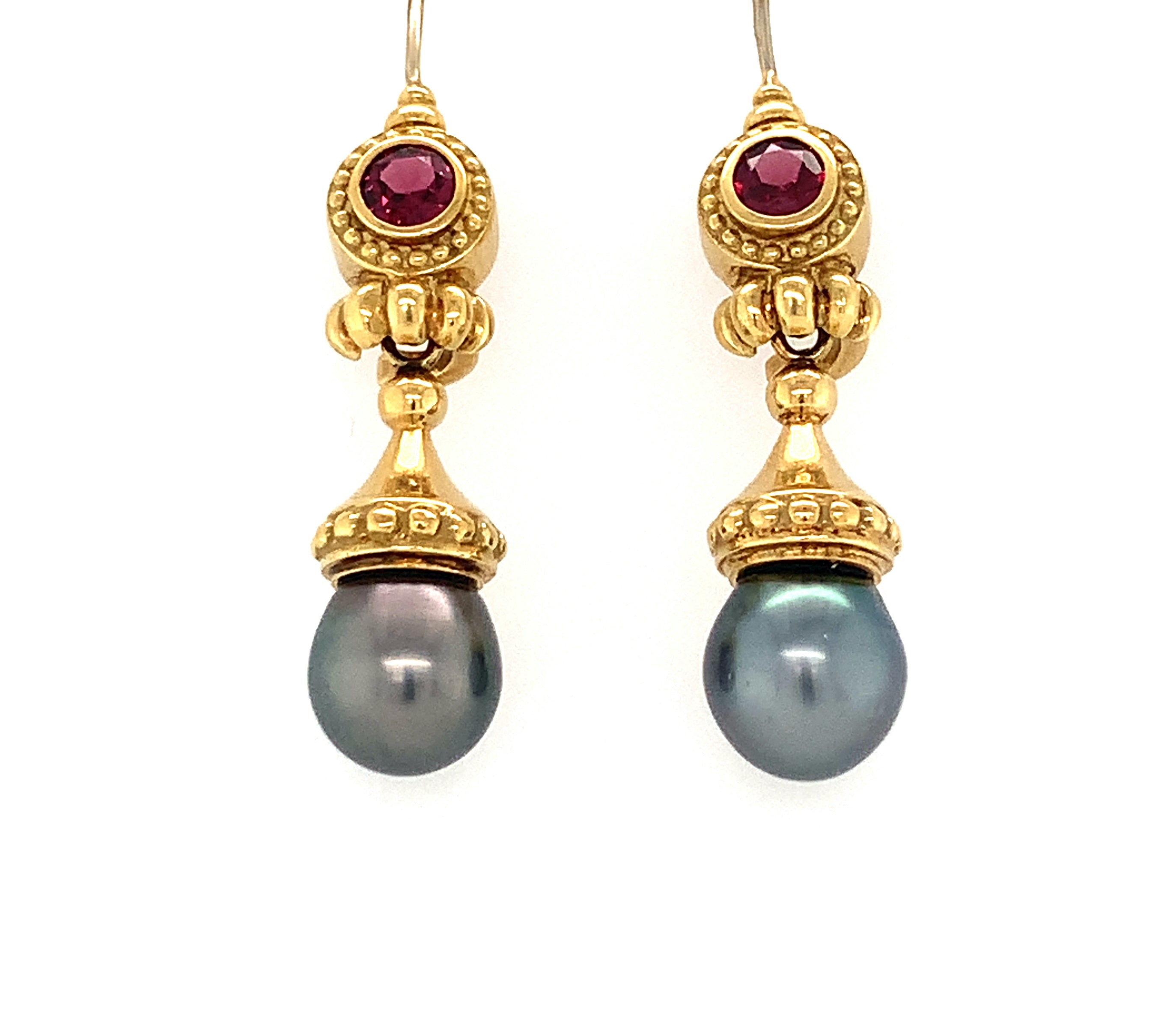 Pearl and Garnet 18K Yellow Gold Dangling Earrings, circa 1960s