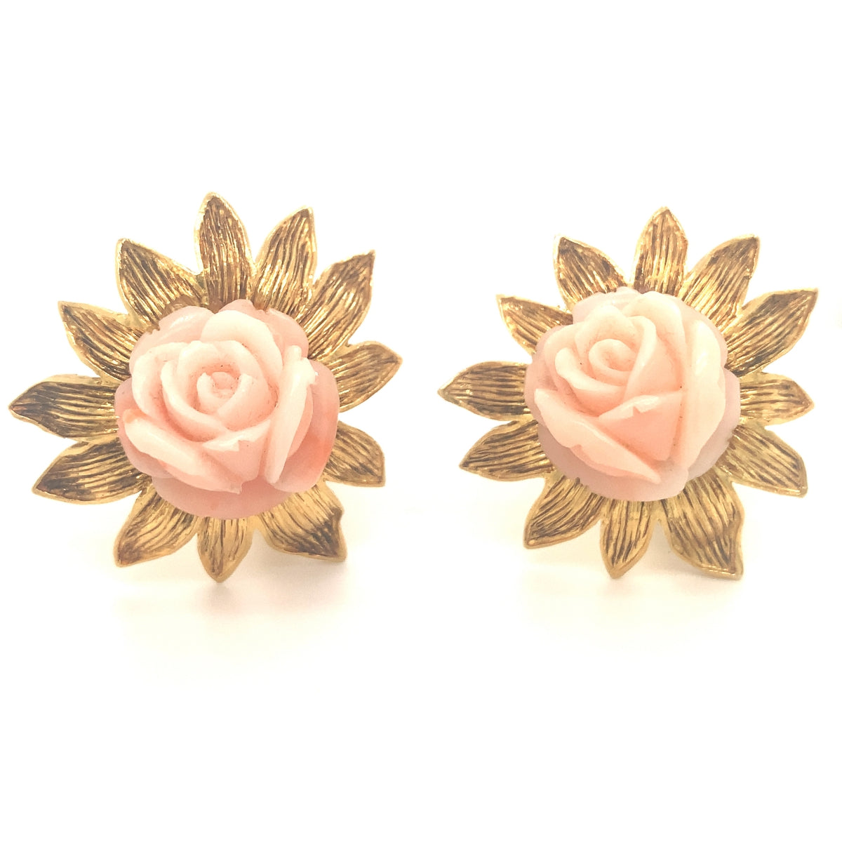 Pink Coral Floral 18K Yellow Gold Earclips, circa 1960s