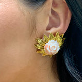 Pink Coral Floral 18K Yellow Gold Earclips, circa 1960s