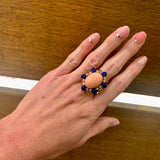 Pink Coral, Lapis Lazuli and Diamond Ring in 18K Yellow Gold, circa 1960s
