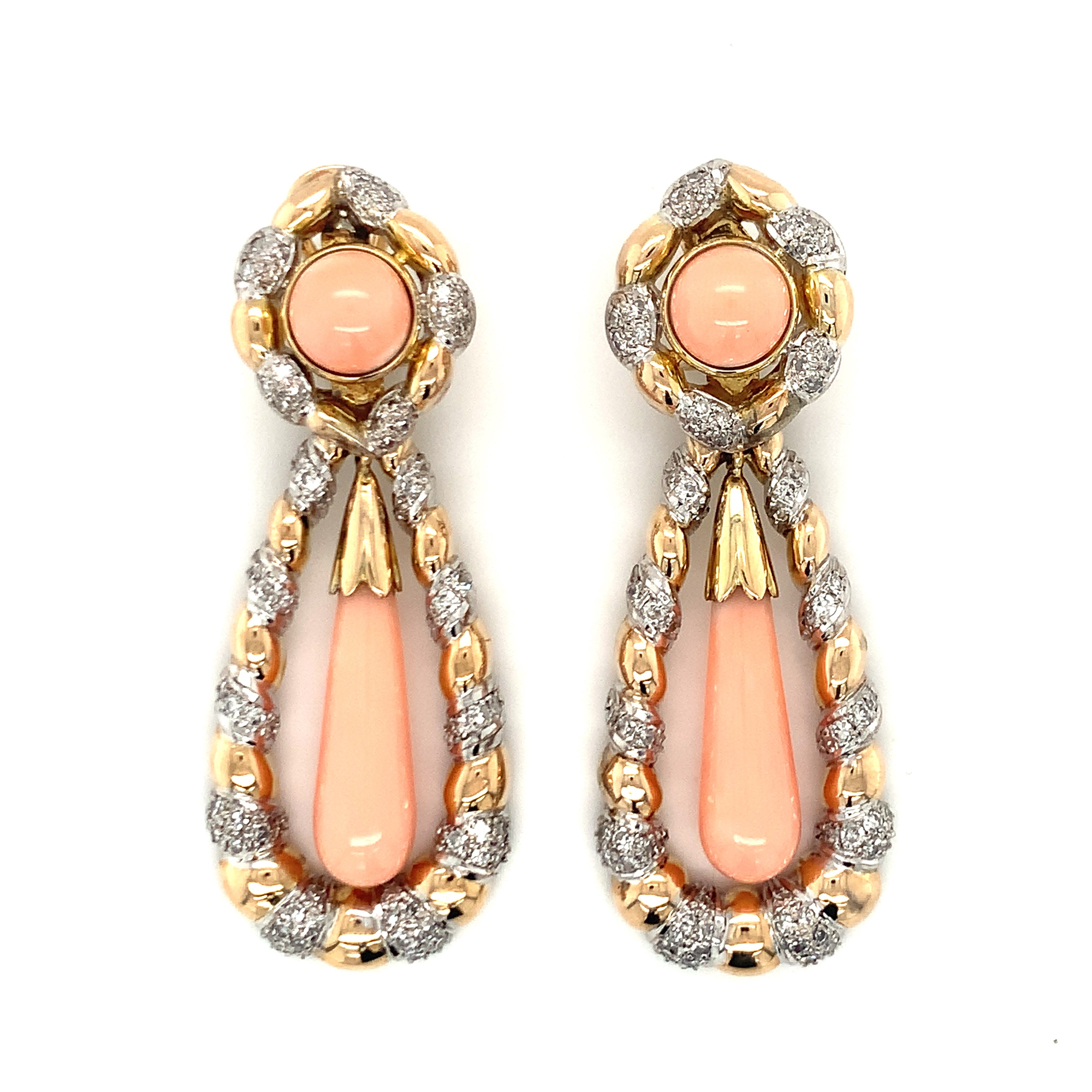 Pink Coral and Diamond Dangling 14K Gold Earrings