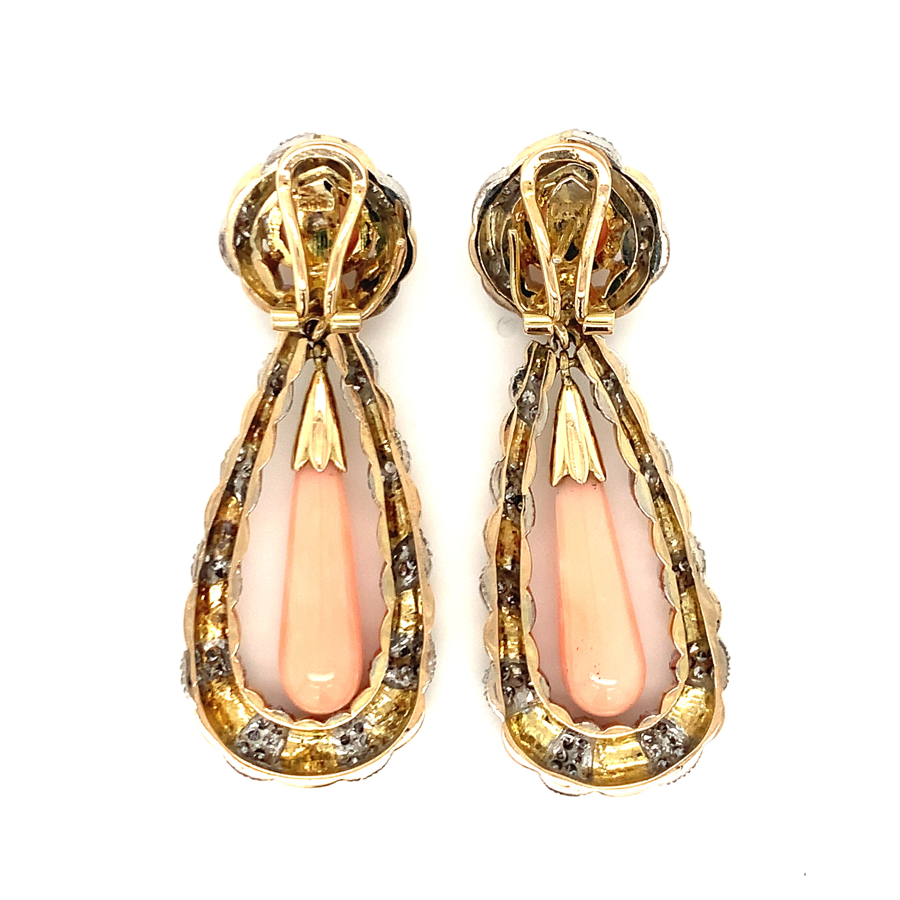 Pink Coral and Diamond Dangling 14K Gold Earrings