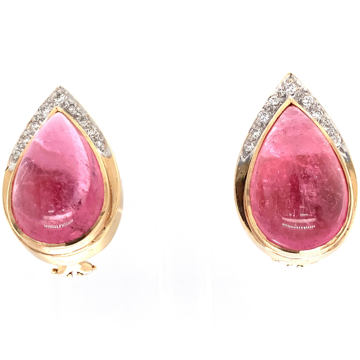 Pink Tourmaline and Diamond 14K Yellow Gold Earrings, circa 1970s