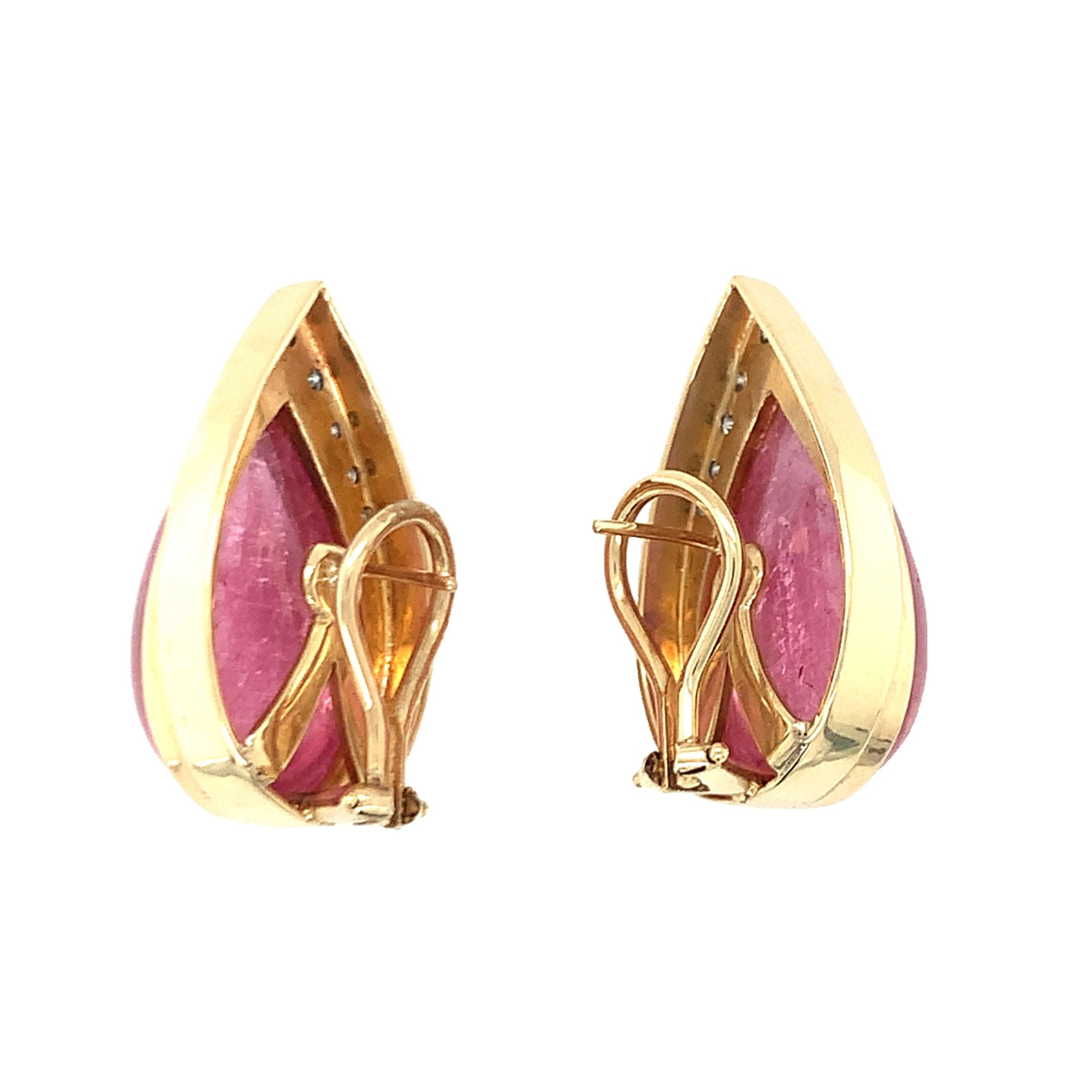 Pink Tourmaline and Diamond 14K Yellow Gold Earrings, circa 1970s