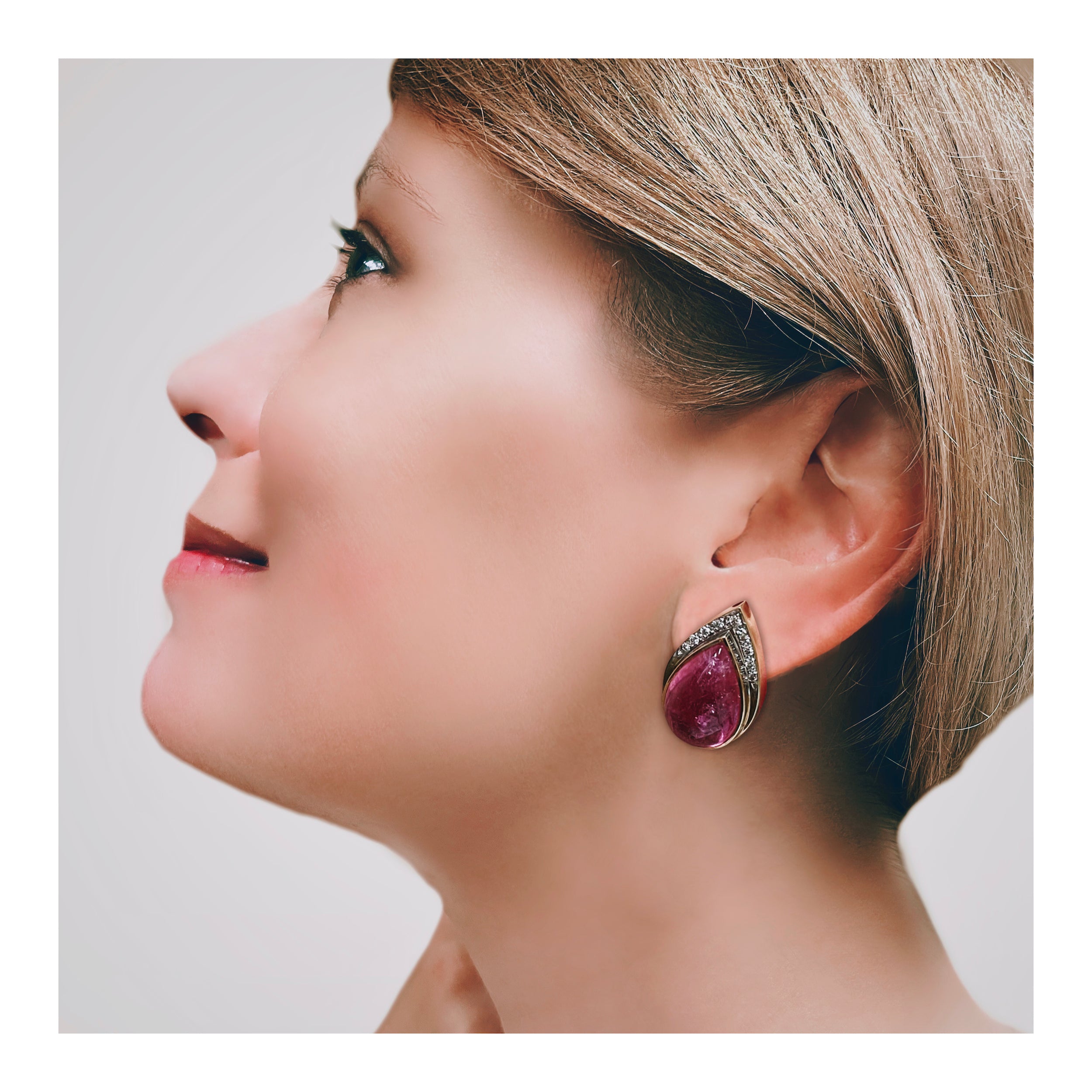 Pink Tourmaline and Diamond 14K Yellow Gold Earrings, circa 1970s