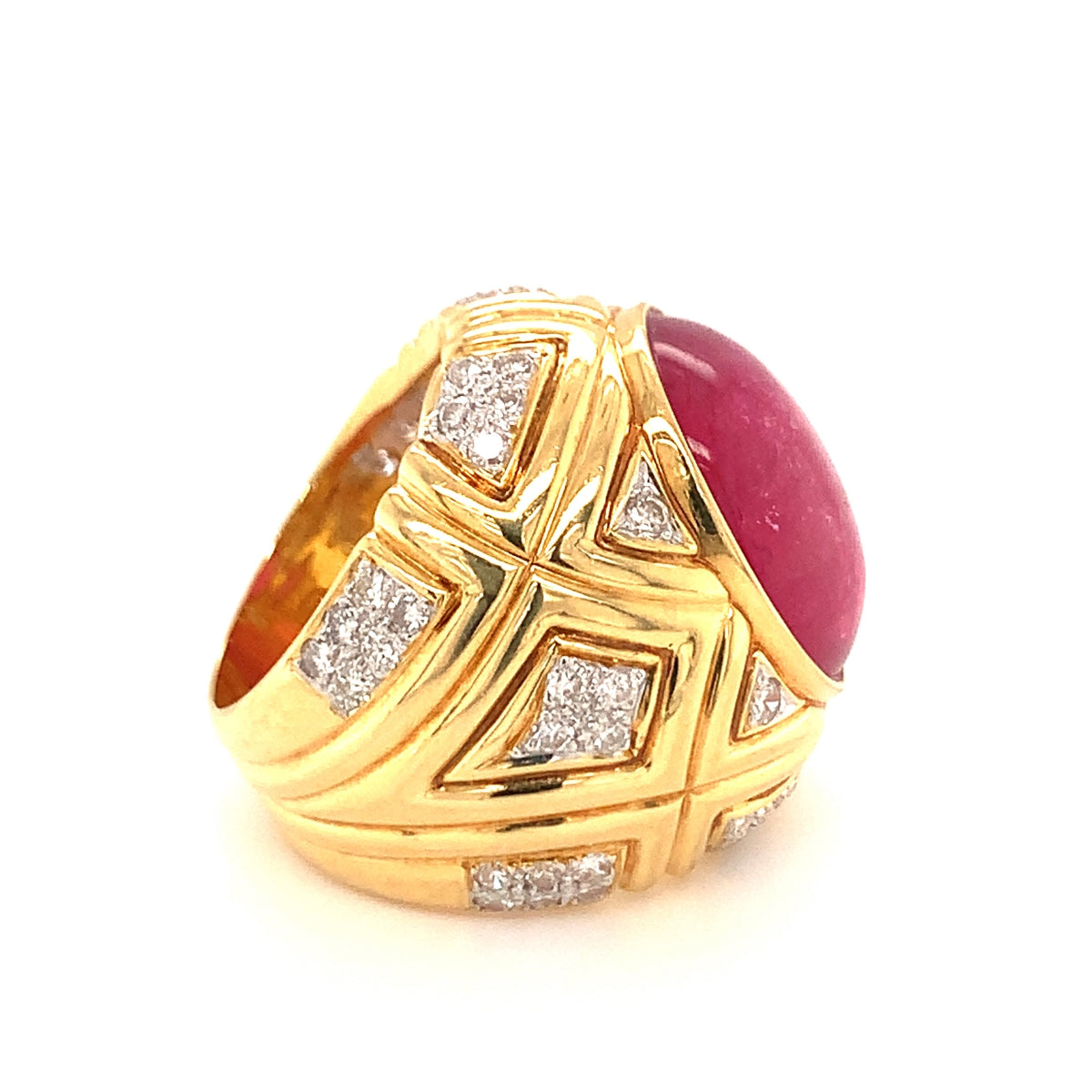 Pink Tourmaline and Diamond 18k Yellow Gold Dome Ring, circa 1970s