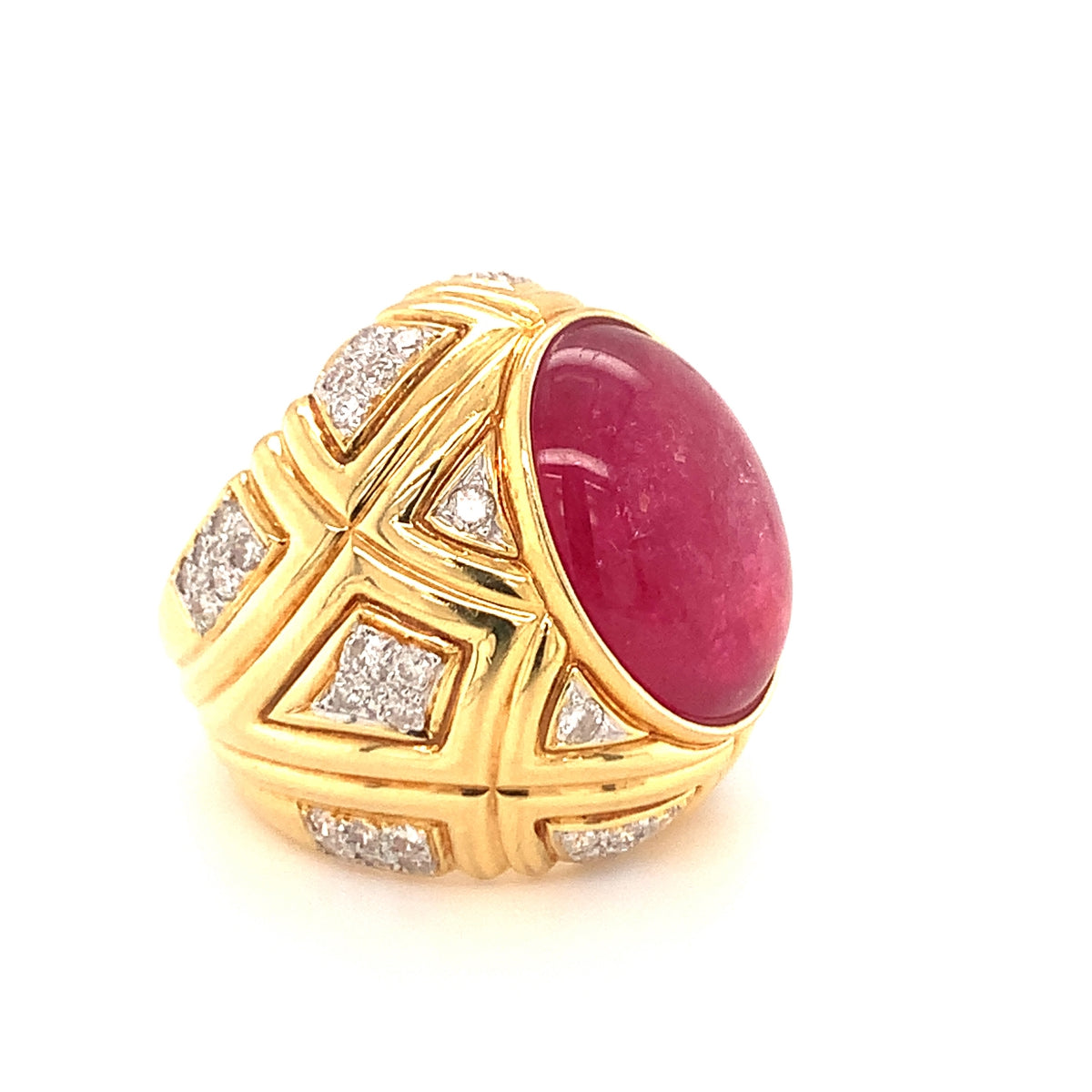 Pink Tourmaline and Diamond 18k Yellow Gold Dome Ring, circa 1970s