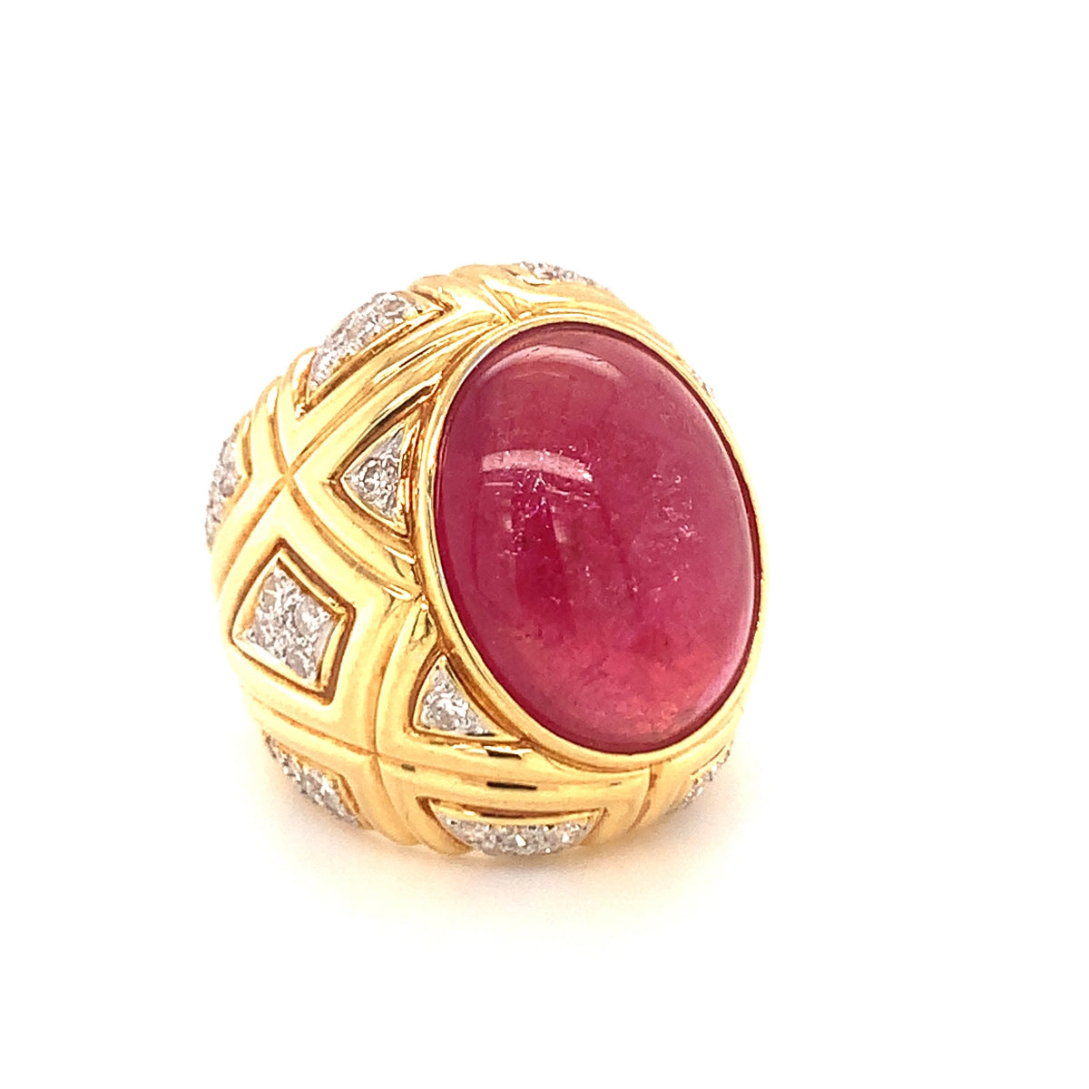 Pink Tourmaline and Diamond 18k Yellow Gold Dome Ring, circa 1970s