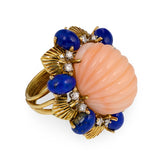 Pink Coral, Lapis Lazuli and Diamond Ring in 18K Yellow Gold, circa 1960s