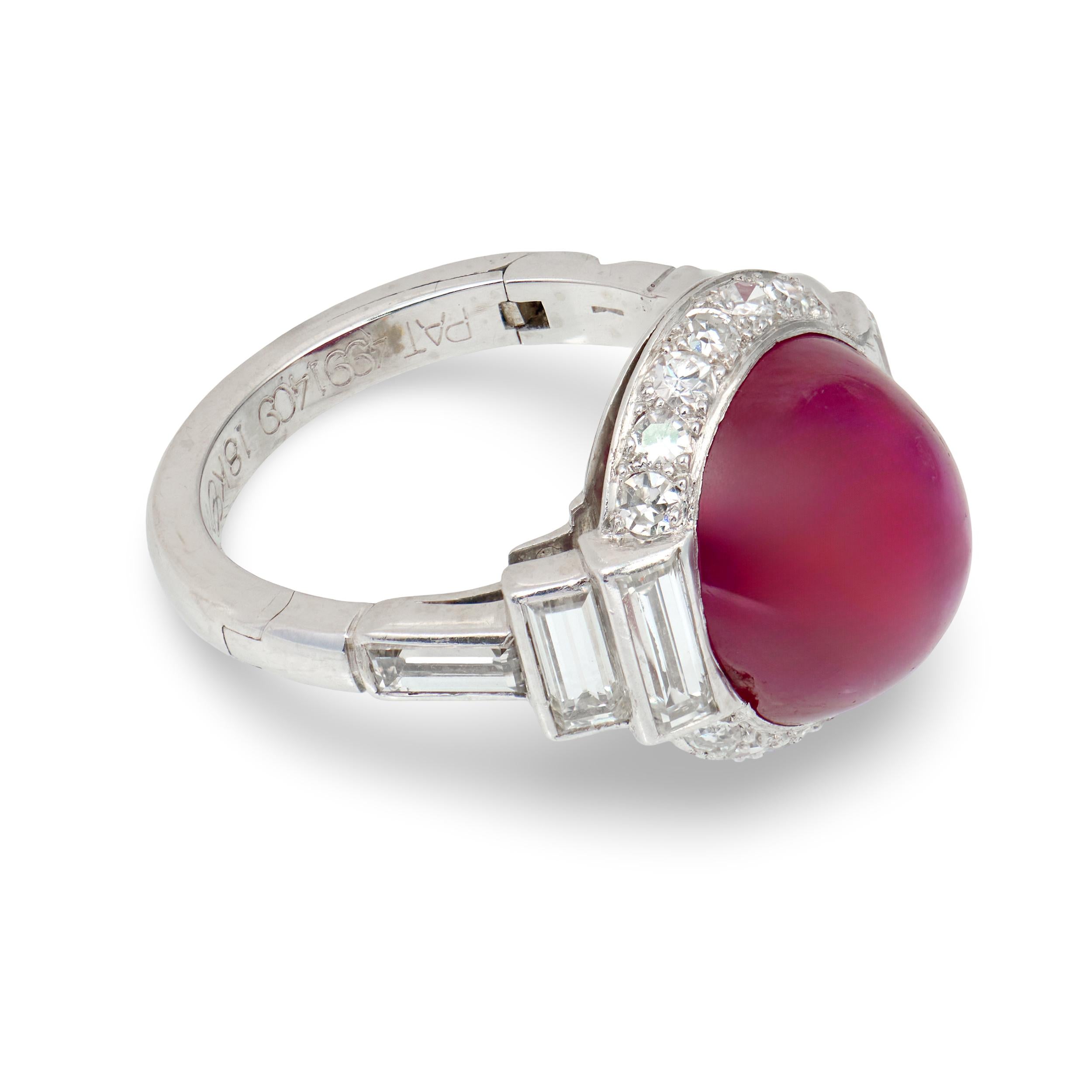 Art Deco Star Ruby and Diamond Platinum and 18K White Gold Ring, circa 1930s