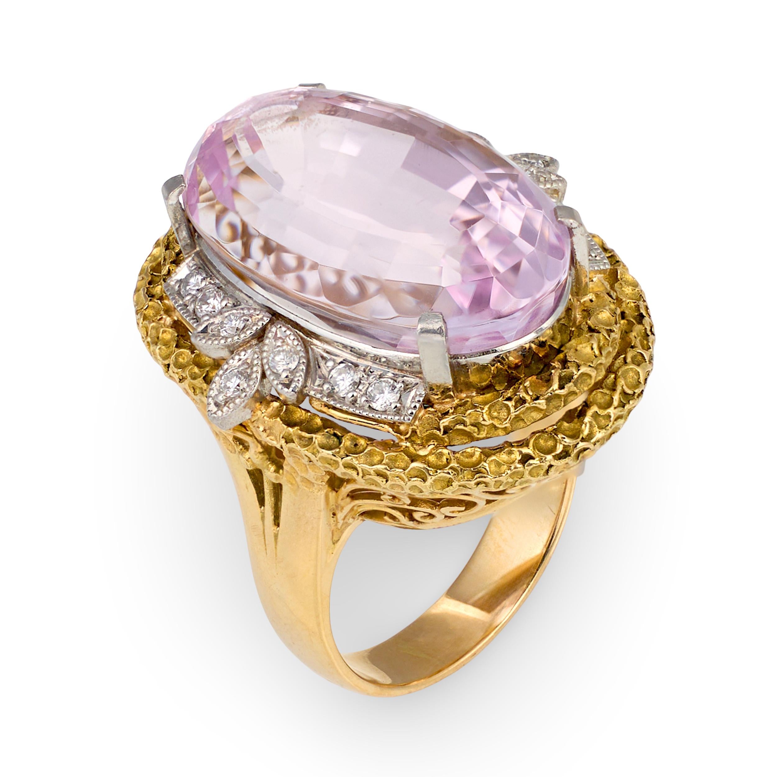 Kunzite and Diamond 18K Yellow Gold and Platinum Ring, circa 1960s