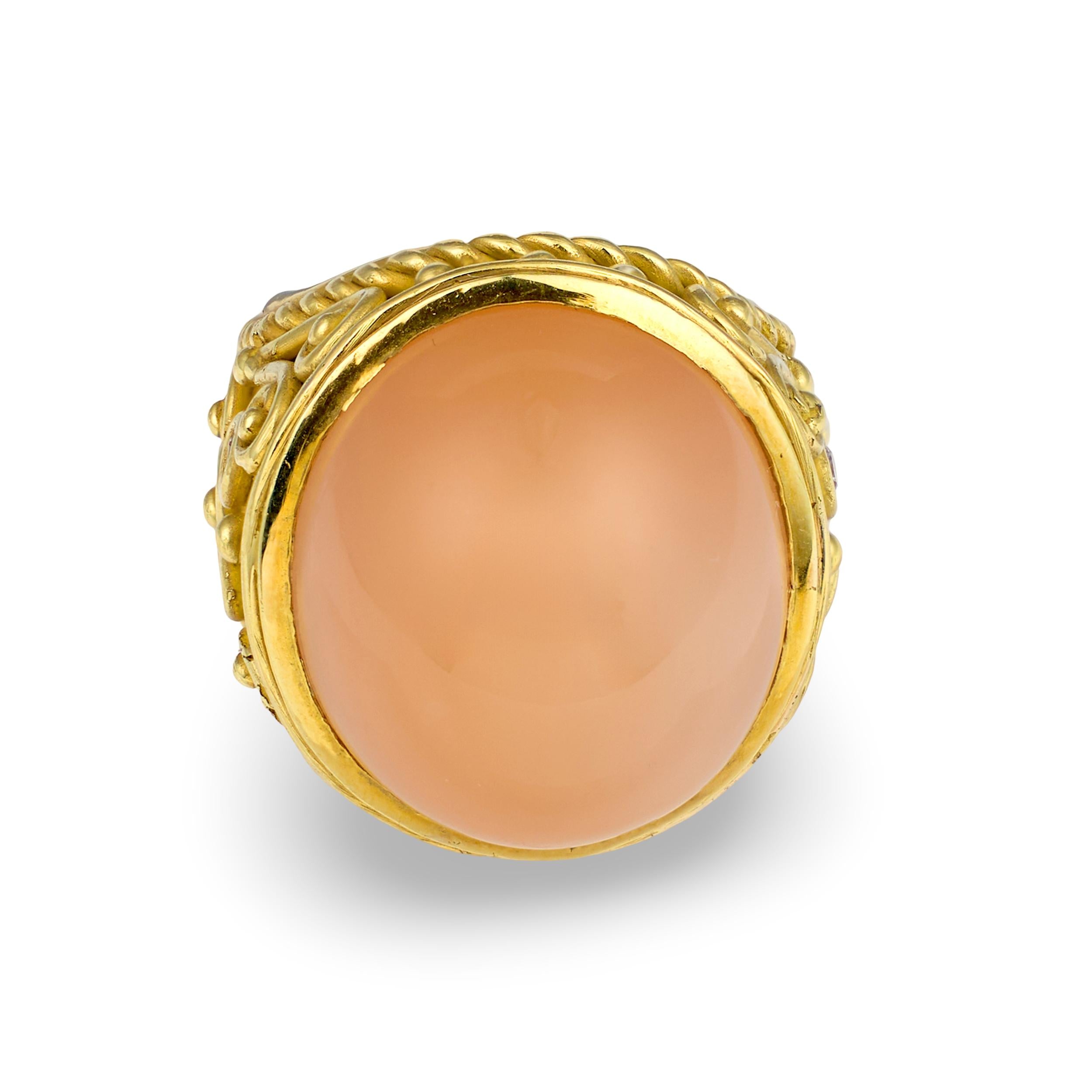 18K YELLOW GOLD PEACH MOONSTONE AND DIAMOND RING