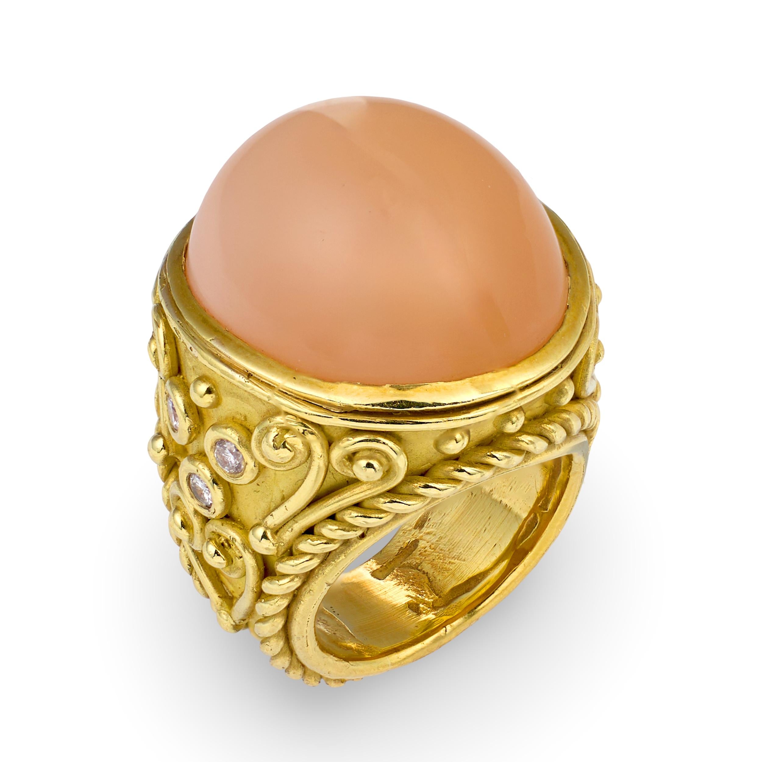 18K YELLOW GOLD PEACH MOONSTONE AND DIAMOND RING