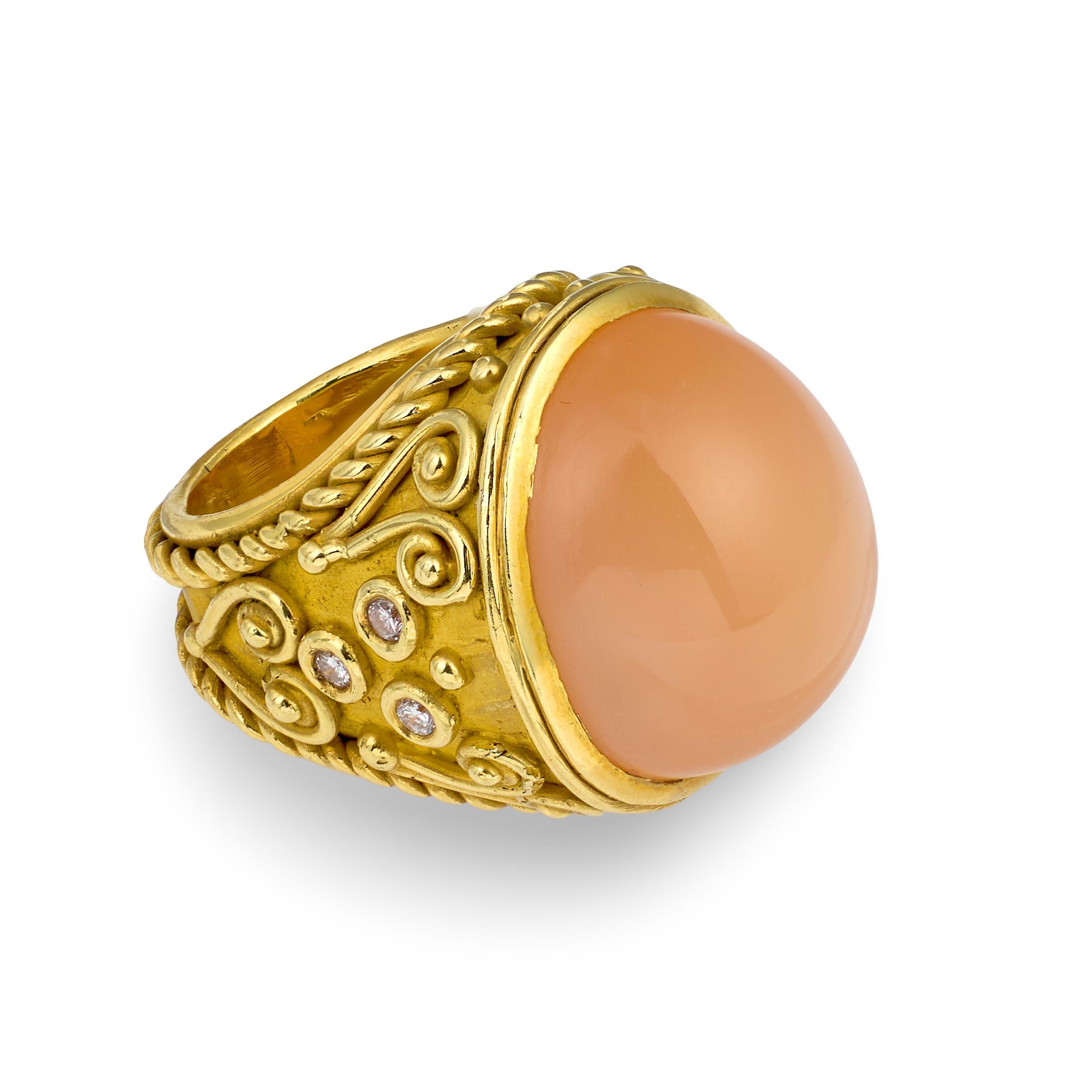 18K YELLOW GOLD PEACH MOONSTONE AND DIAMOND RING
