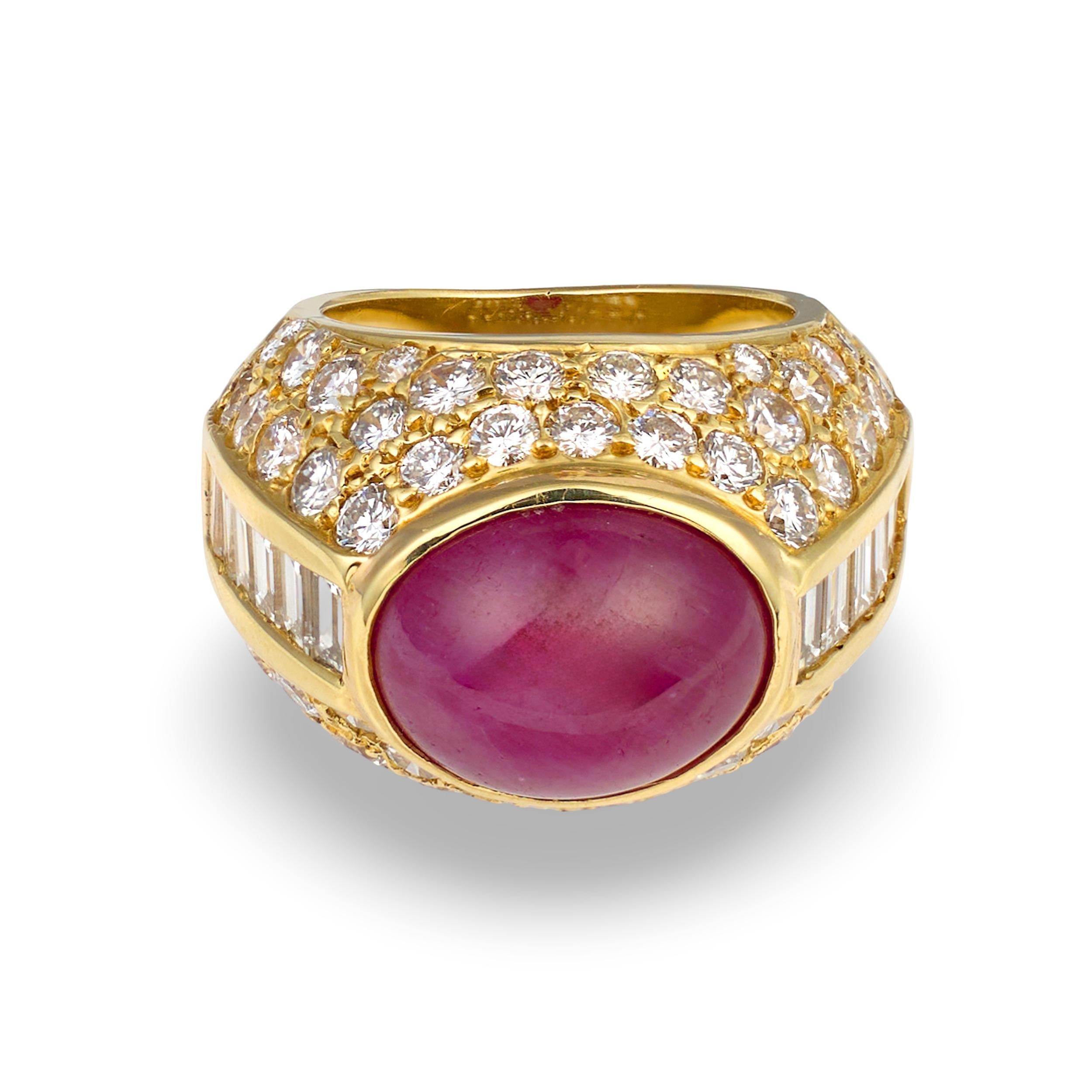 Cabochon Ruby and Diamond 18K Yellow Gold Ring