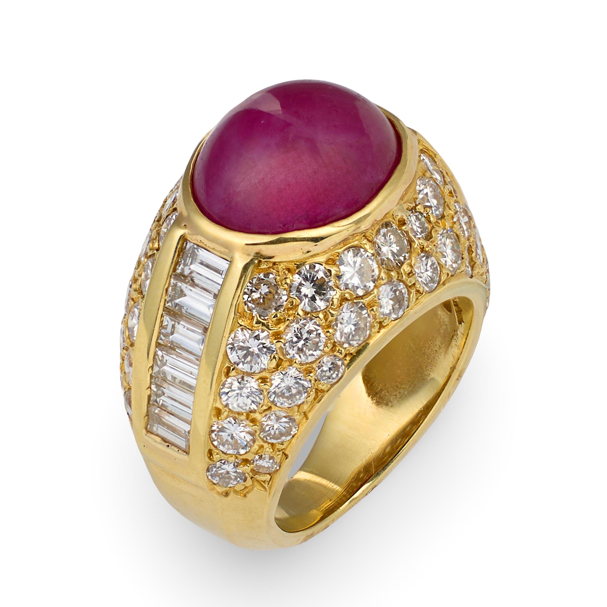 Cabochon Ruby and Diamond 18K Yellow Gold Ring