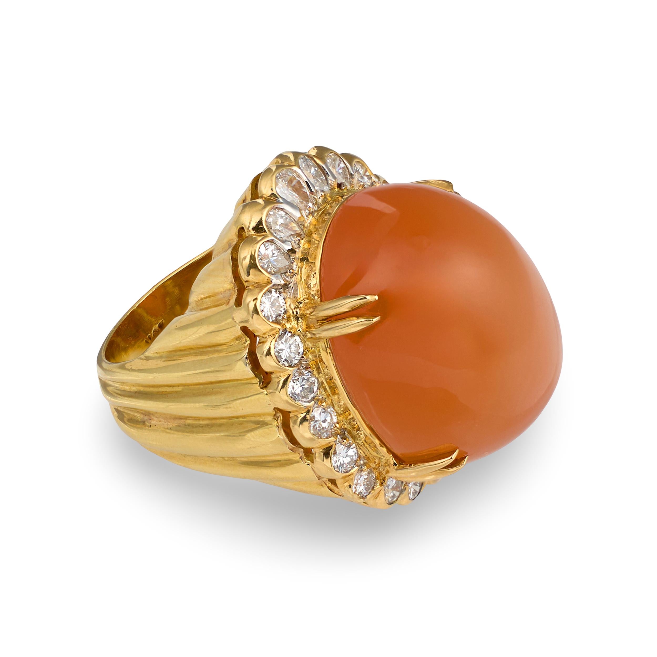 Peach Moonstone and Diamond Dome 18K Yellow Gold Cocktail Ring, circa 1970s