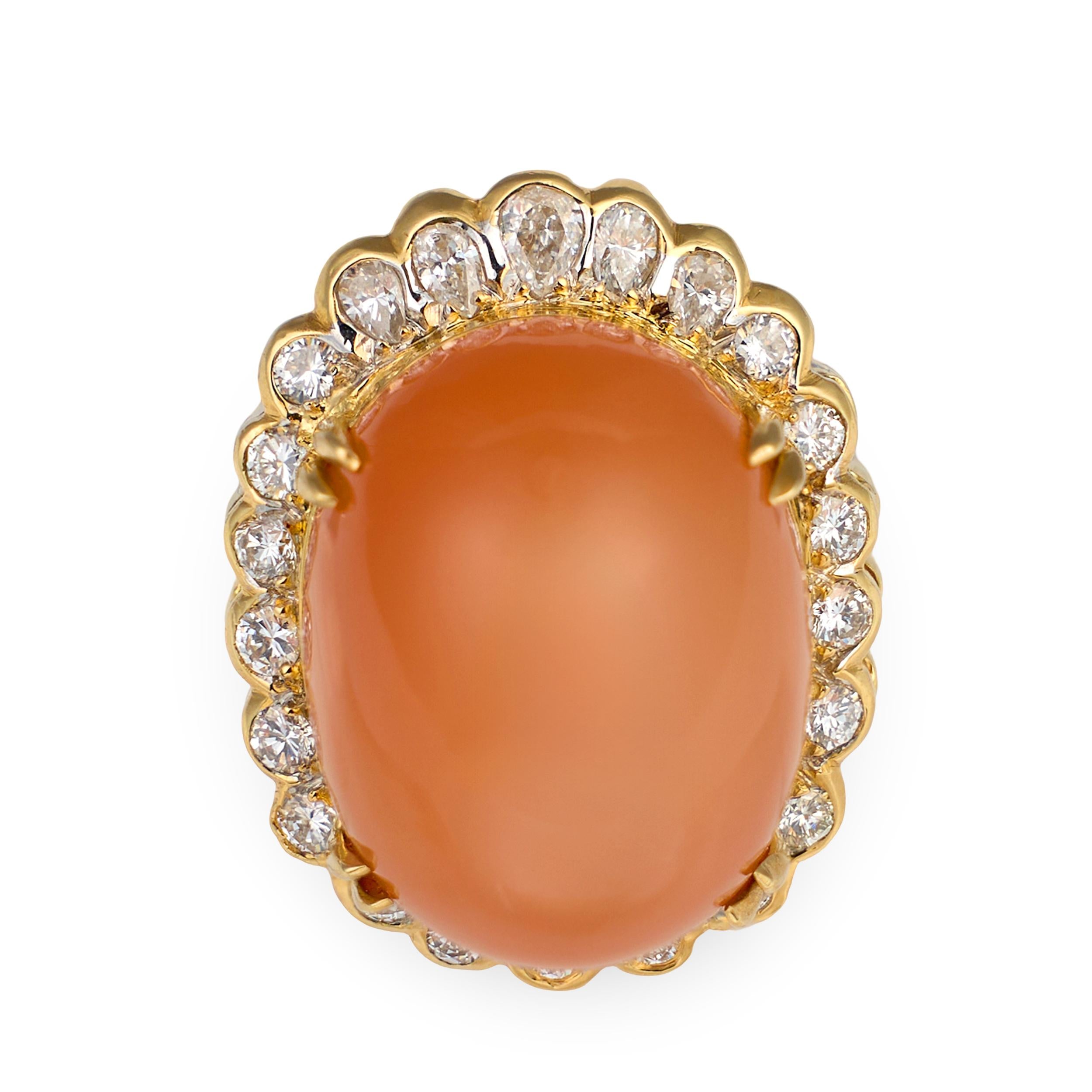 Peach Moonstone and Diamond Dome 18K Yellow Gold Cocktail Ring, circa 1970s