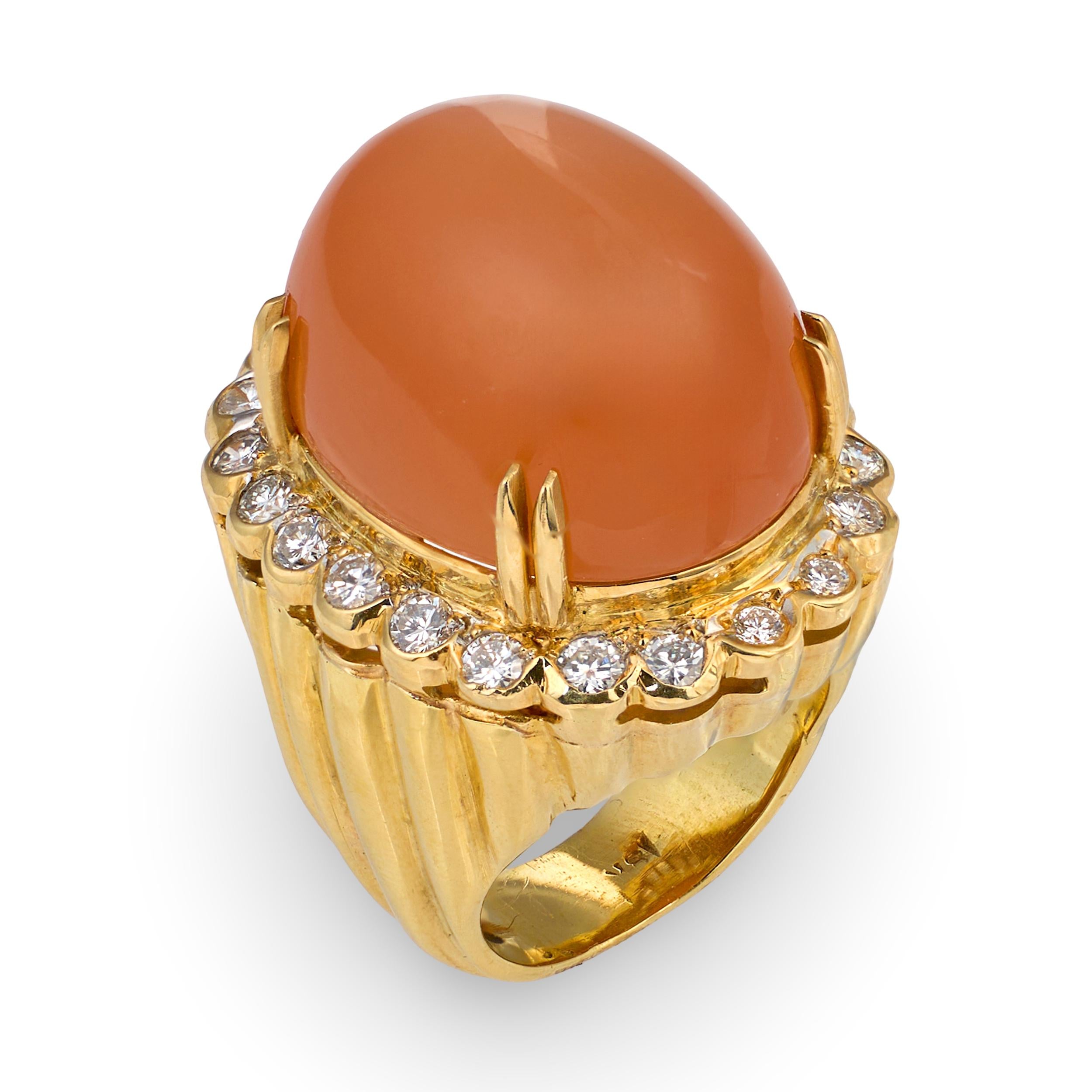 Peach Moonstone and Diamond Dome 18K Yellow Gold Cocktail Ring, circa 1970s