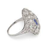 Art Deco Diamond and Sapphire Platinum Filigree Ring, circa 1920s