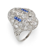 Art Deco Diamond and Sapphire Platinum Filigree Ring, circa 1920s