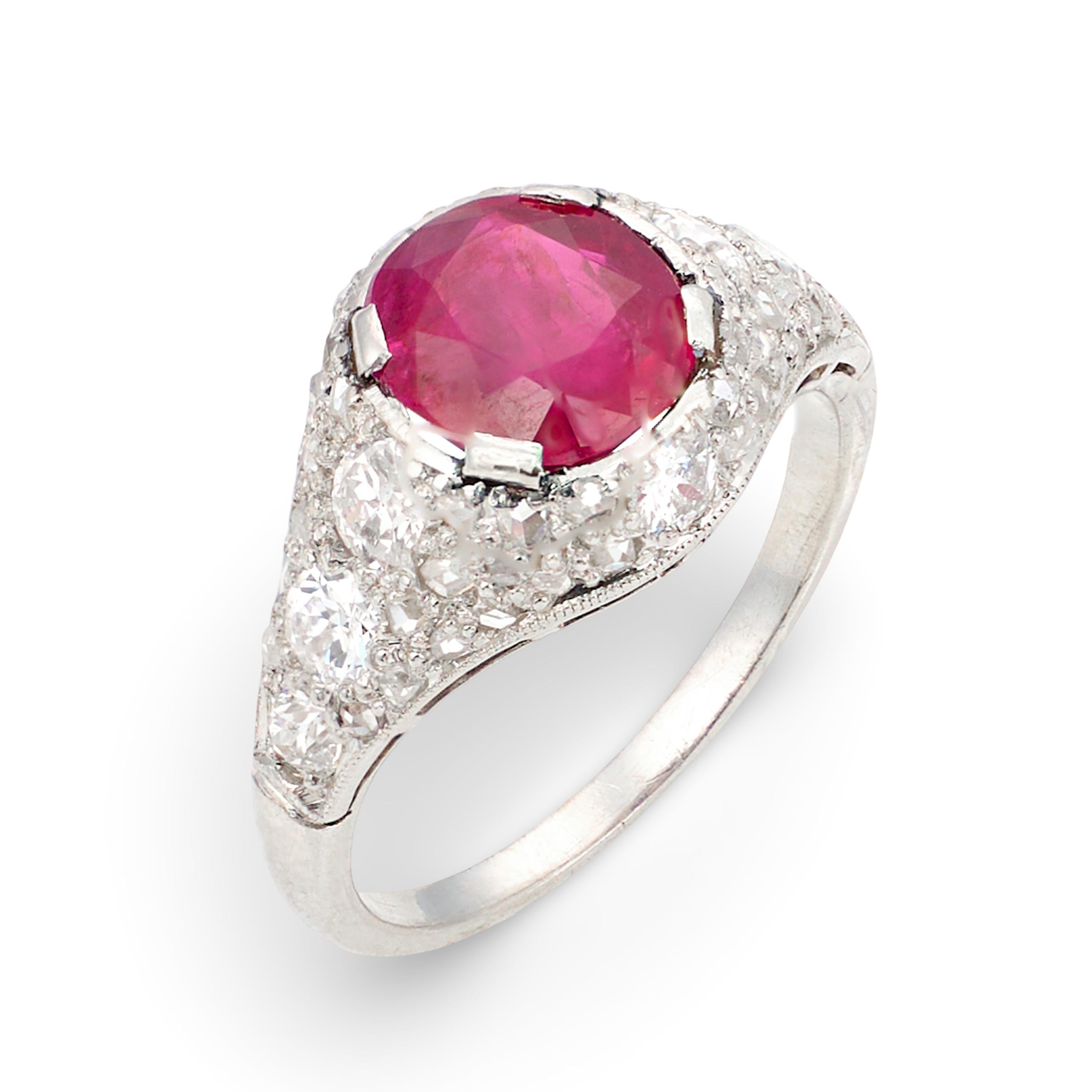 Art Deco Burmese Ruby and Diamond Ring in Platinum, circa 1920s