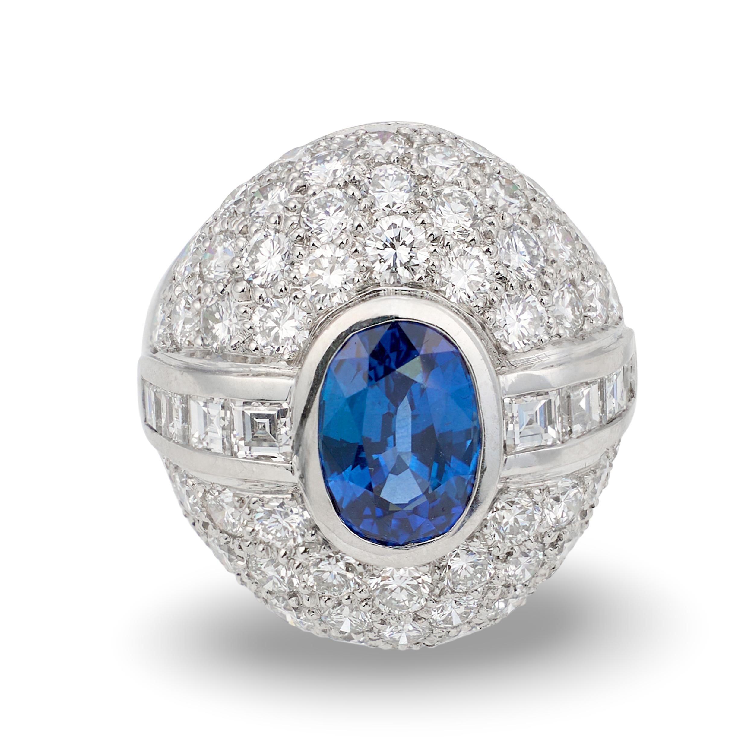 Sapphire and Diamond Platinum Bombe Ring, circa 1980s