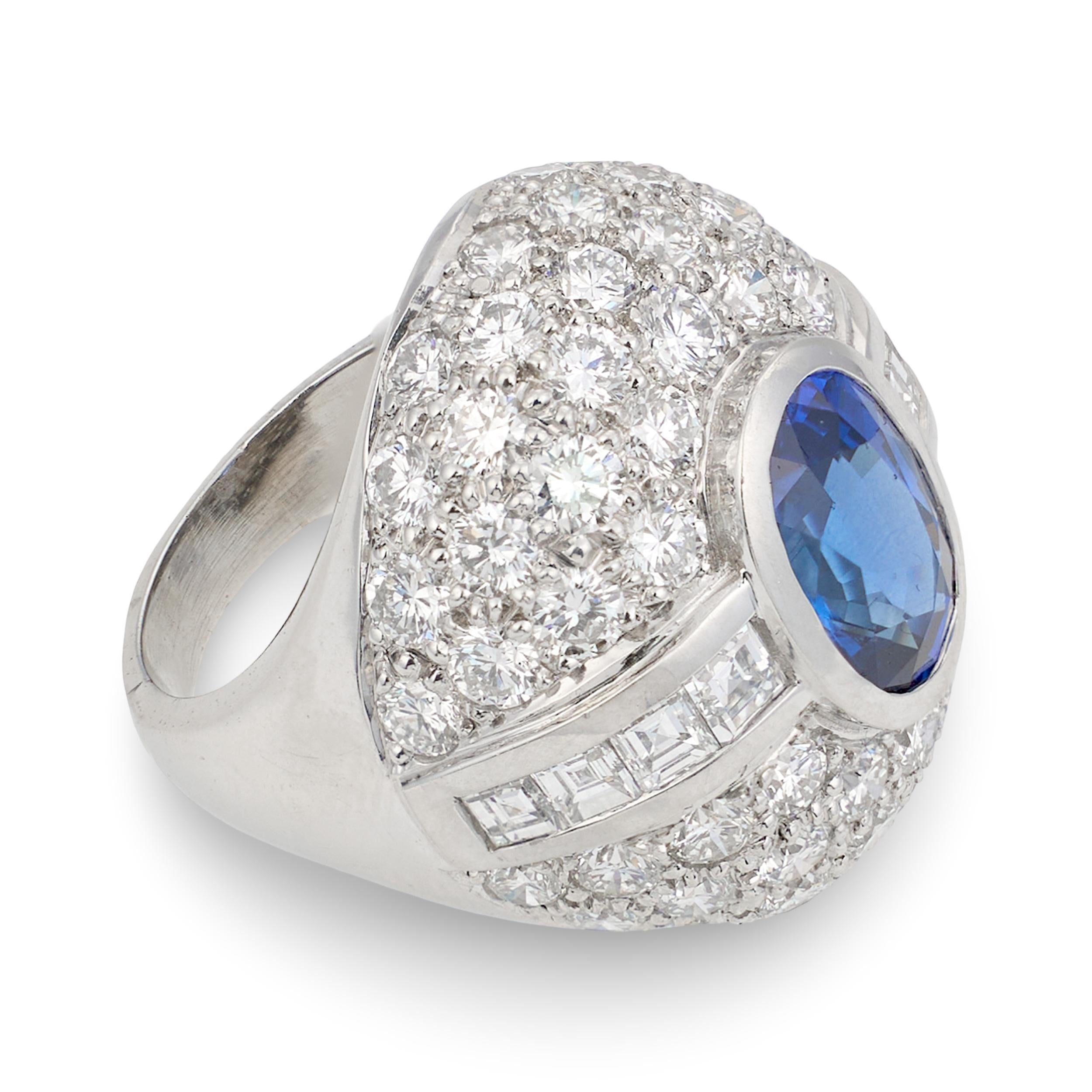 Sapphire and Diamond Platinum Bombe Ring, circa 1980s