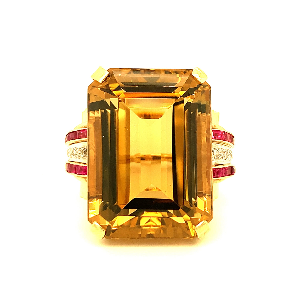 Retro Citrine, Ruby and Diamond 14k Gold Cocktail Ring, circa 1940s