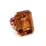 Retro Citrine, Ruby and Diamond 18K Rose Gold Ring, circa 1940s