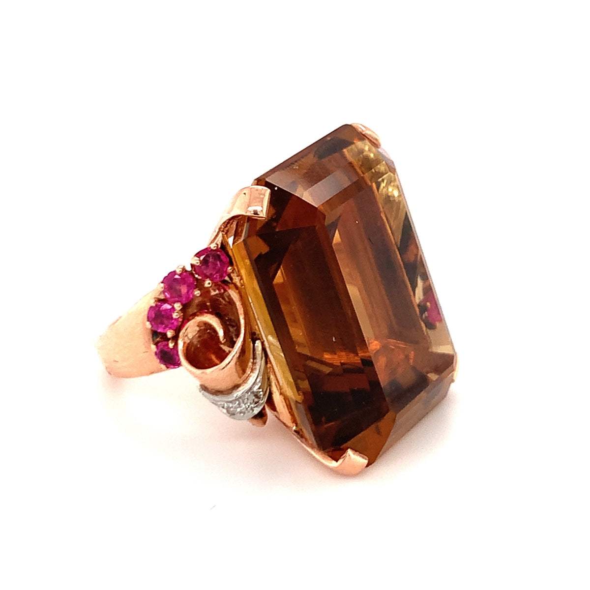 Retro Citrine, Ruby and Diamond 18K Rose Gold Ring, circa 1940s